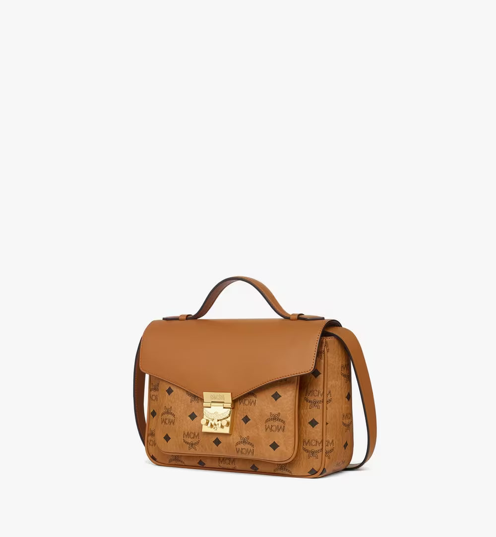 A perspective view of the Tracy Satchel showing the structured silhouette, leather top handle, and adjustable shoulder strap.
