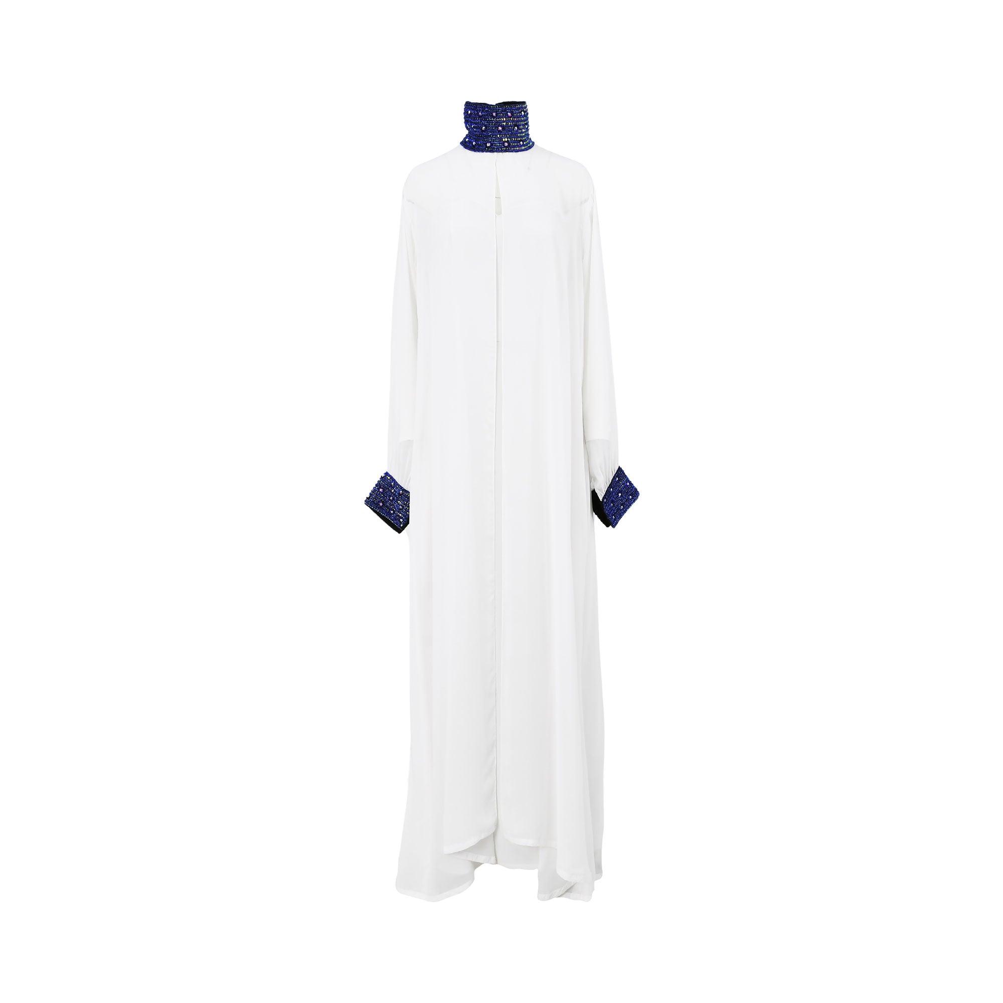 Maison Darine Women's White Abaya with Blue Embellished Collar and Cuffs | Clothing | departure-to-desk | GCC | Kaftans & Abayas | Women | Women All Clothing | Womens | Womens Fashion Maison Darine Women's White Abaya with Blue Embellished Collar and Cuffs | Clothing | departure-to-desk | GCC | Kaftans & Abayas | Women | Women All Clothing | Womens | Womens Fashion