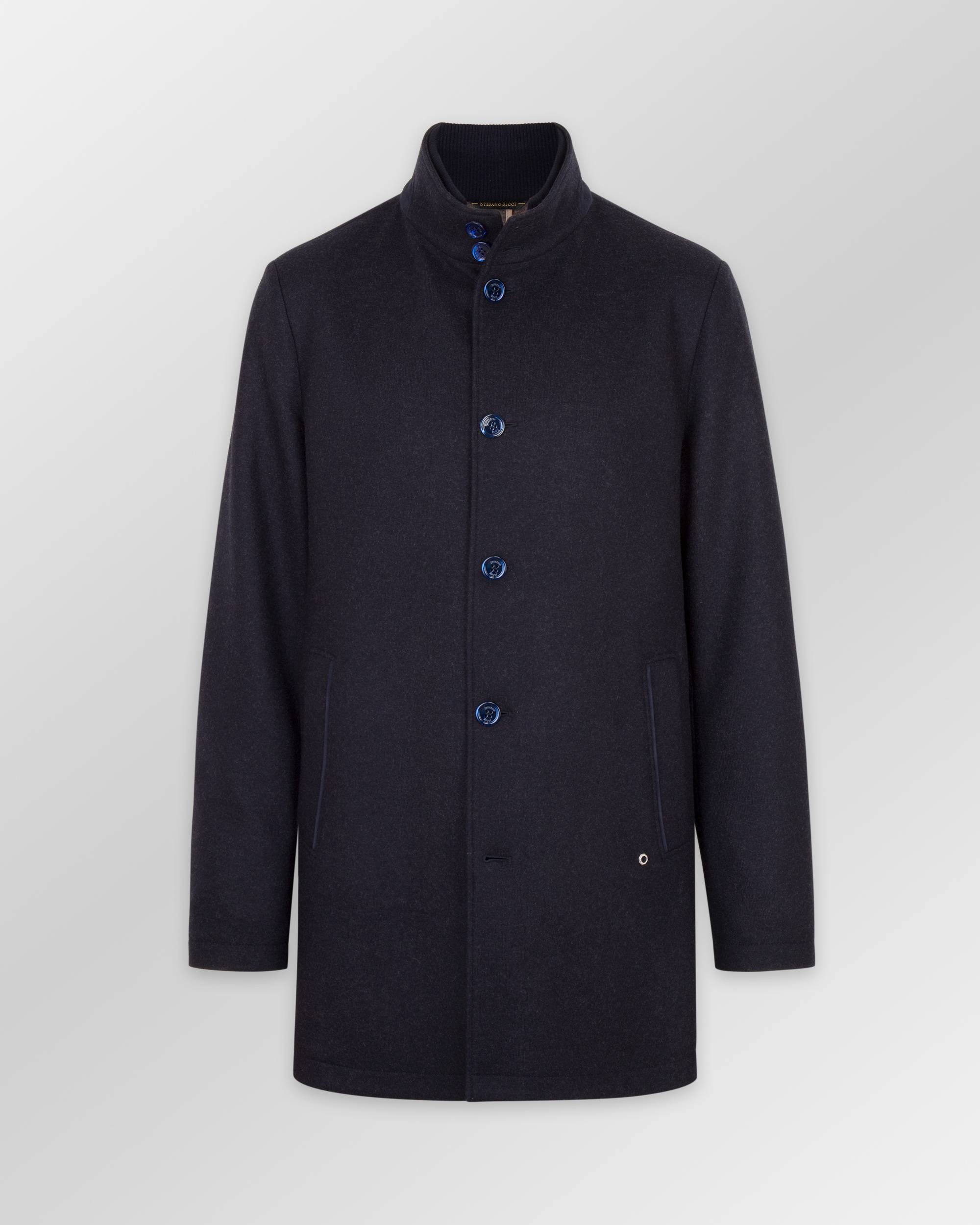 Dark blue sport jacket with a ribbed stand-up collar, six blue buttons down the front, two slit pockets, and a silver-toned r
