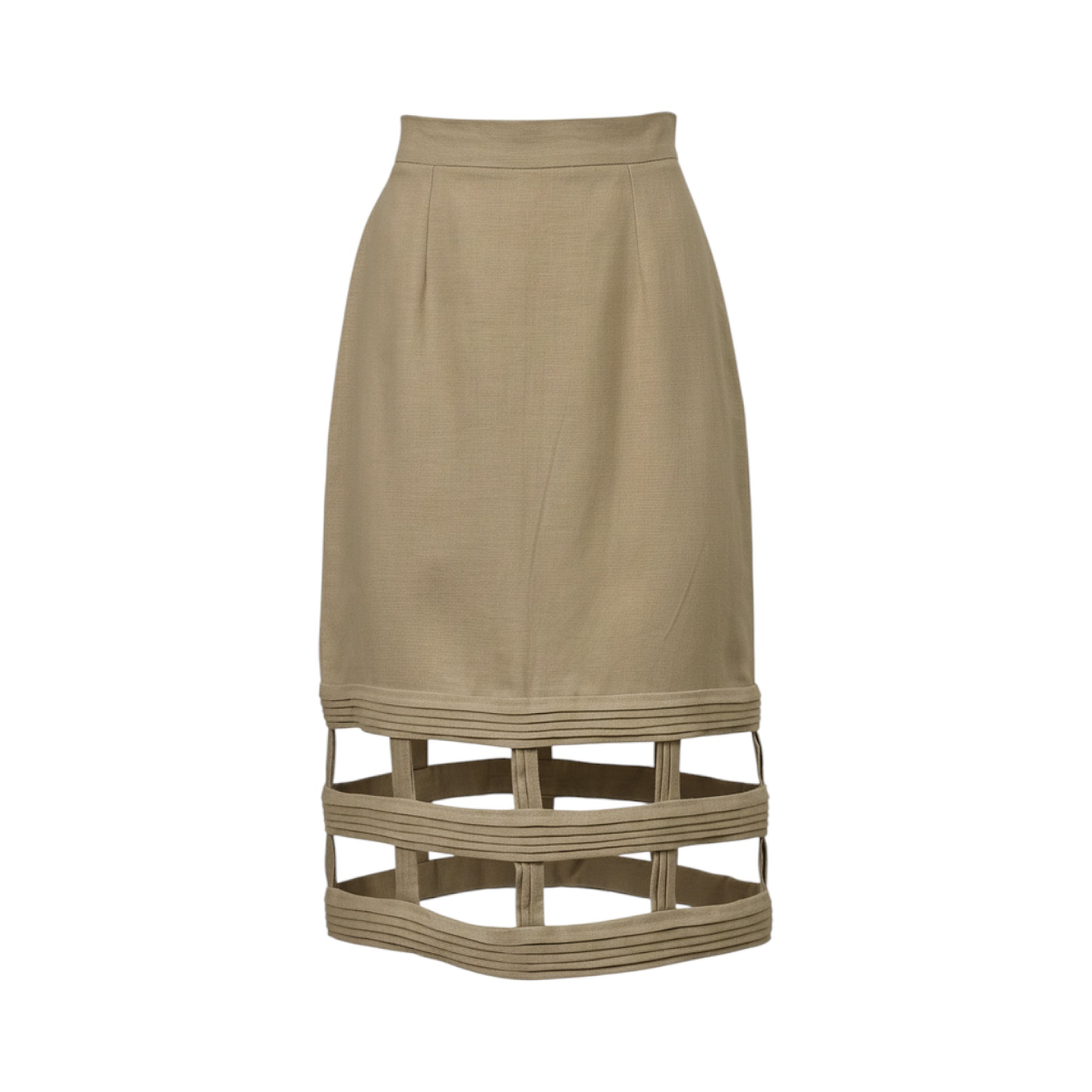 Beige high-waisted straight skirt with a distinctive caged hem featuring horizontal and vertical bands.