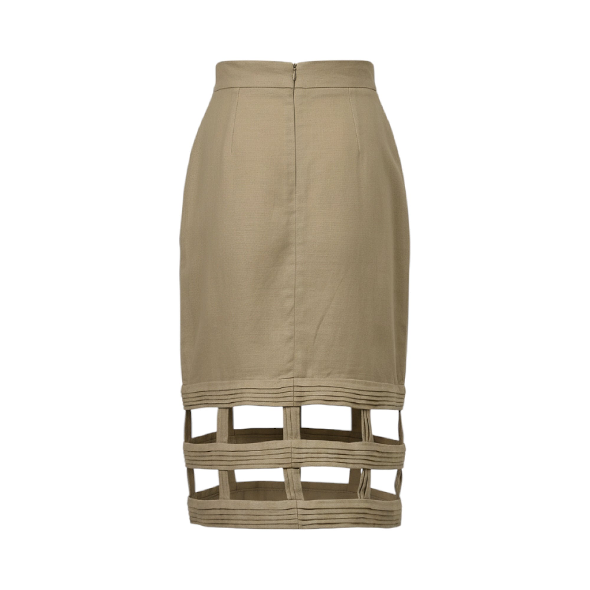 Beige pencil skirt, back view. Features a concealed back zipper and a cage-like cut-out design on the lower half with ribbed
