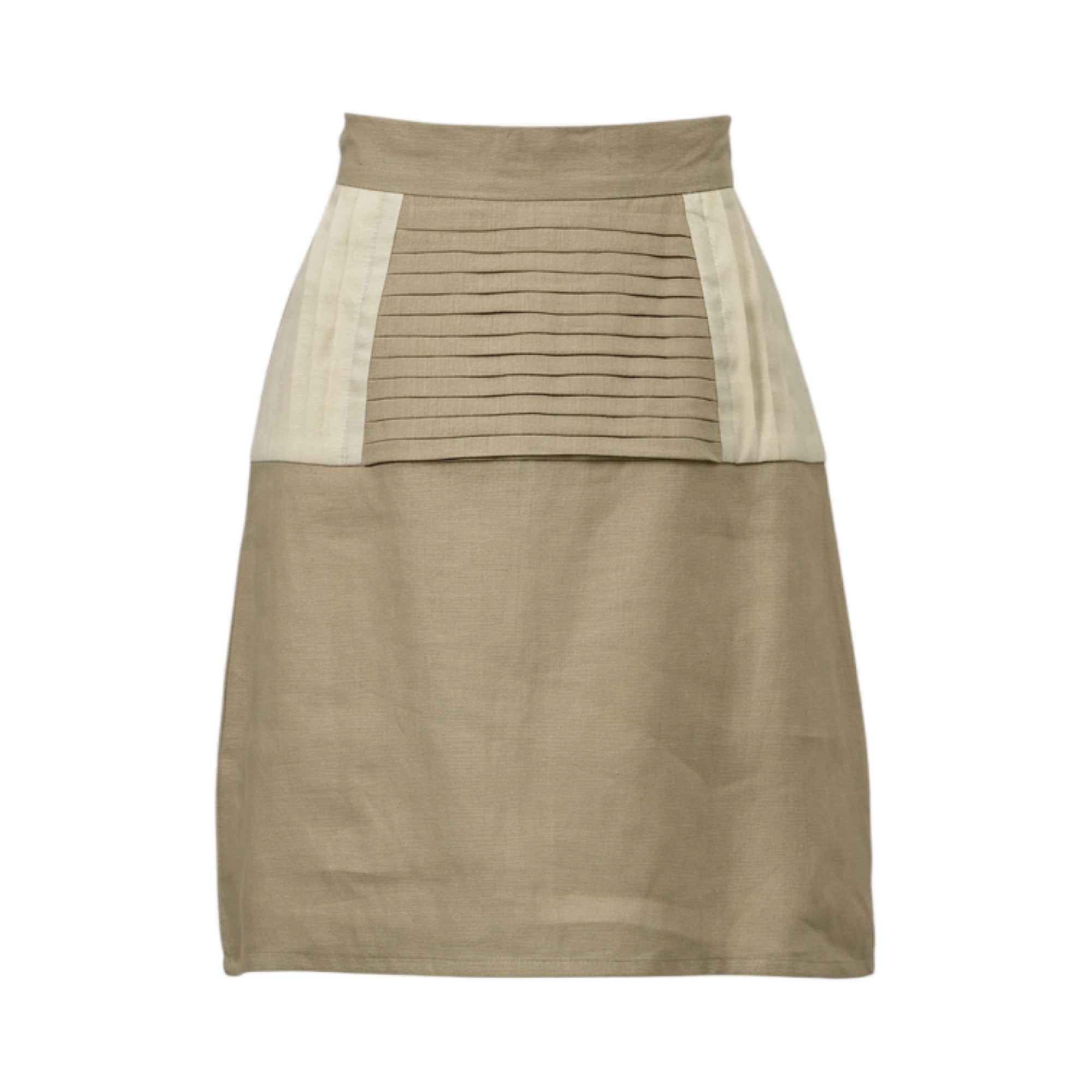 Beige high-waisted skirt with a central upper panel featuring horizontal pintucks and lighter cream vertical side panels.