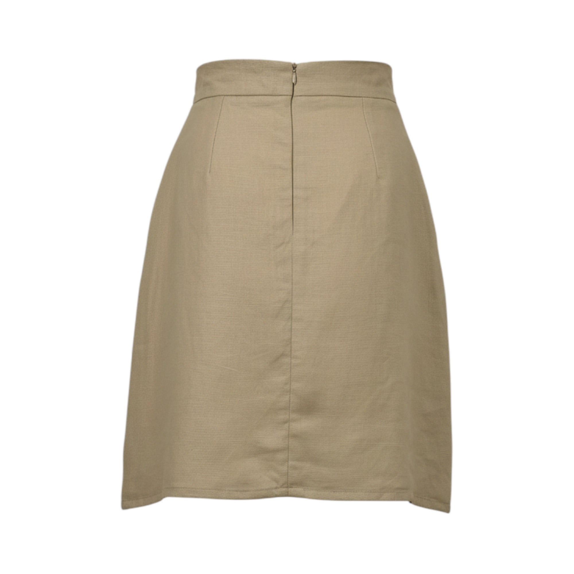 Beige high-waisted straight skirt with a visible back zipper, two back darts, and a back vent.