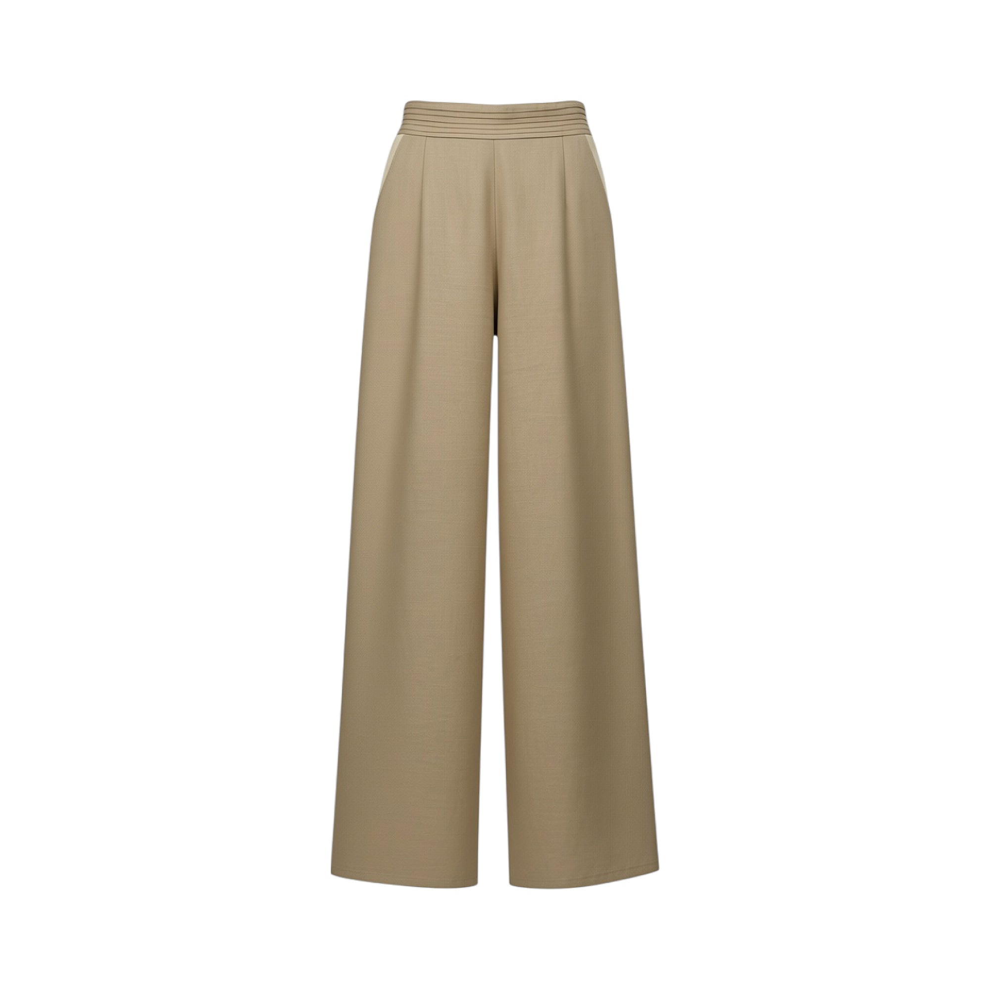 Dark beige wide-leg high-waisted trousers with front pleats, side pockets, and a structured waistband.