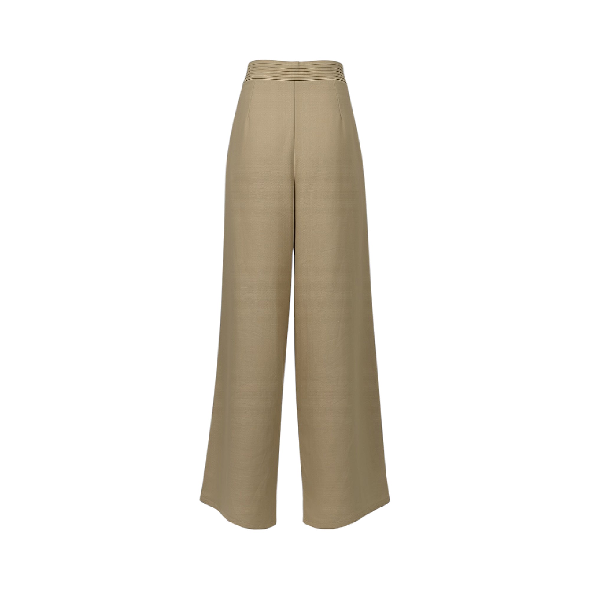 High-waisted dark beige wide-leg pants with a pleated back waistband and textured fabric.