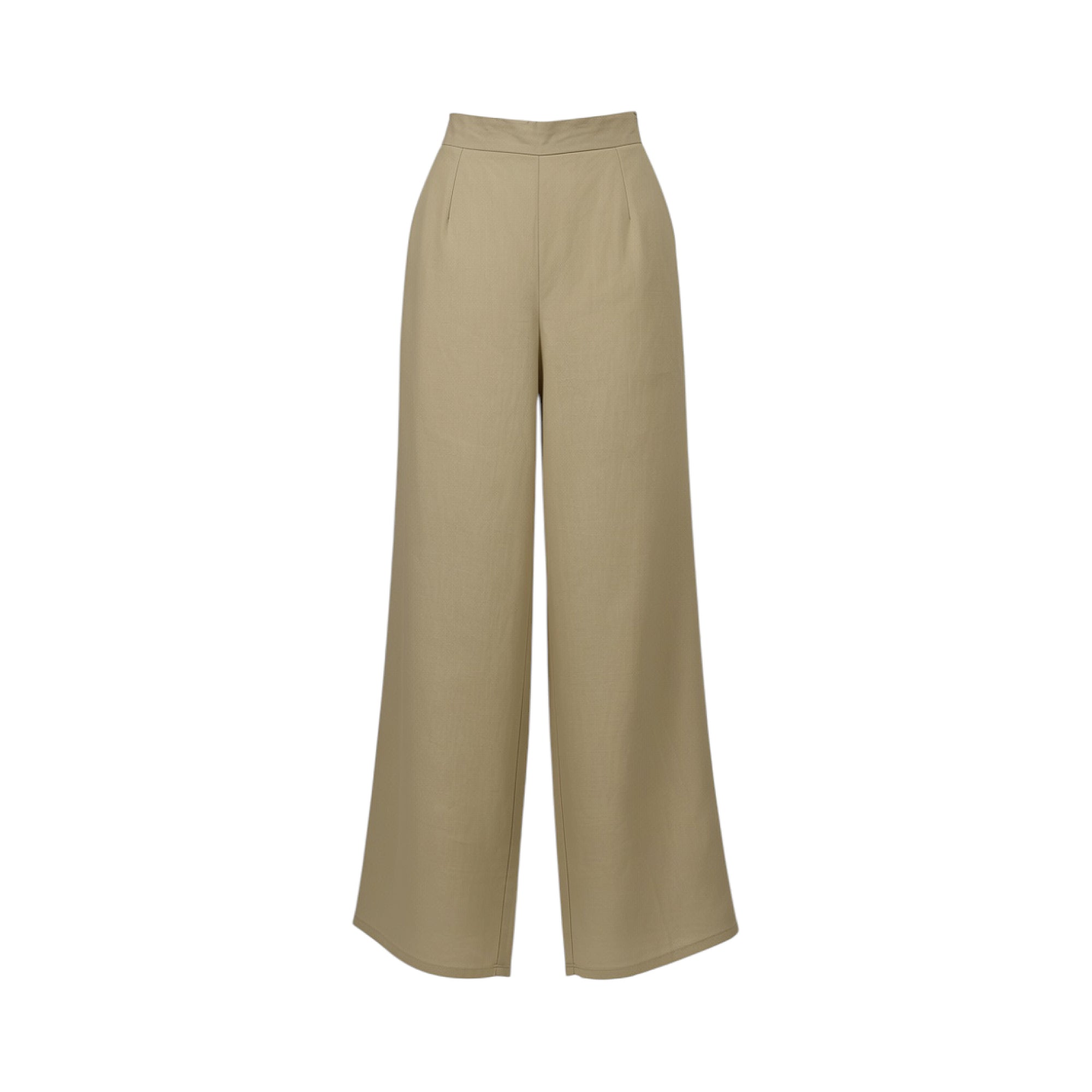 Light beige high-waisted wide-leg trousers with front pleats and a tailored waistband, laid flat.