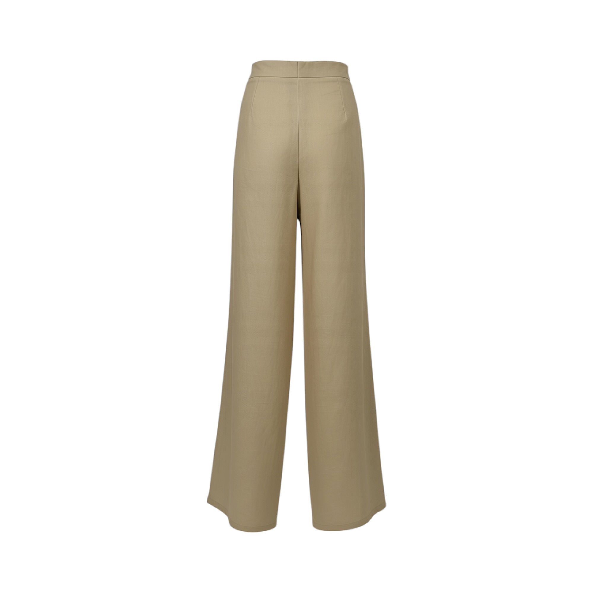 Beige high-waisted wide-leg pants with a smooth fabric and clean back.