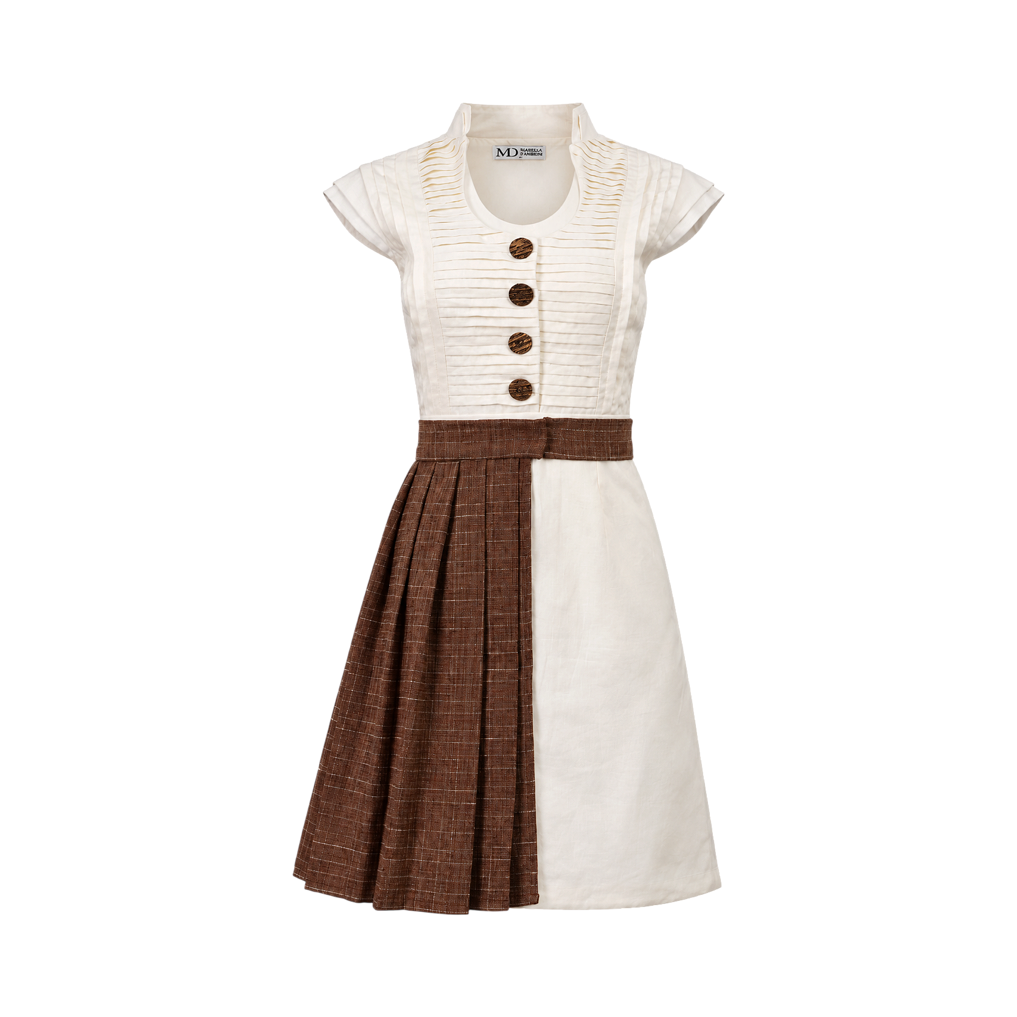 Beige and brown Mabell Damiron dress with high collar, cap sleeves, button-front bodice, and asymmetrical pleated skirt.