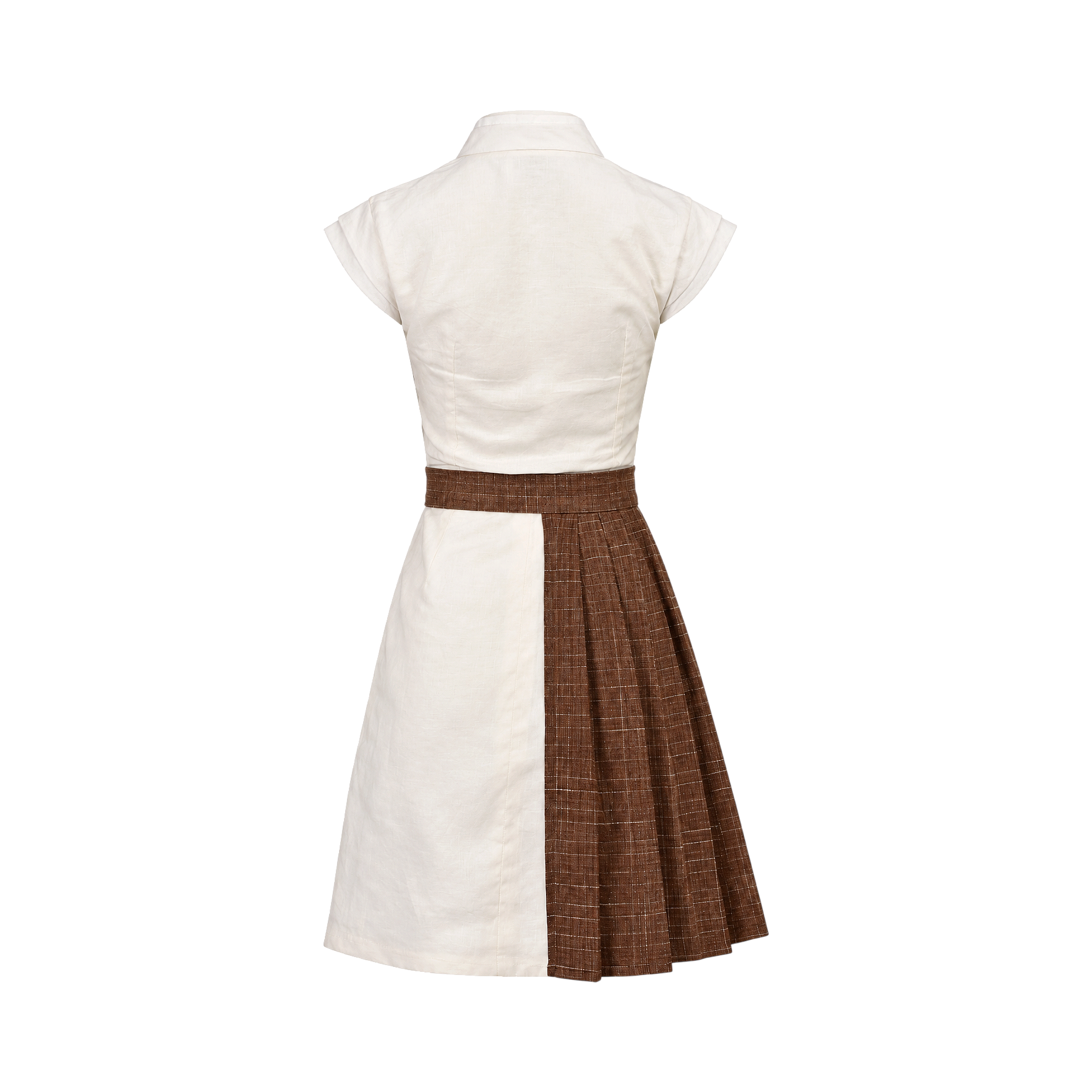 Back view of a beige dress with a collared top and cuffed short sleeves. The skirt is two-tone: plain beige on the left, plea
