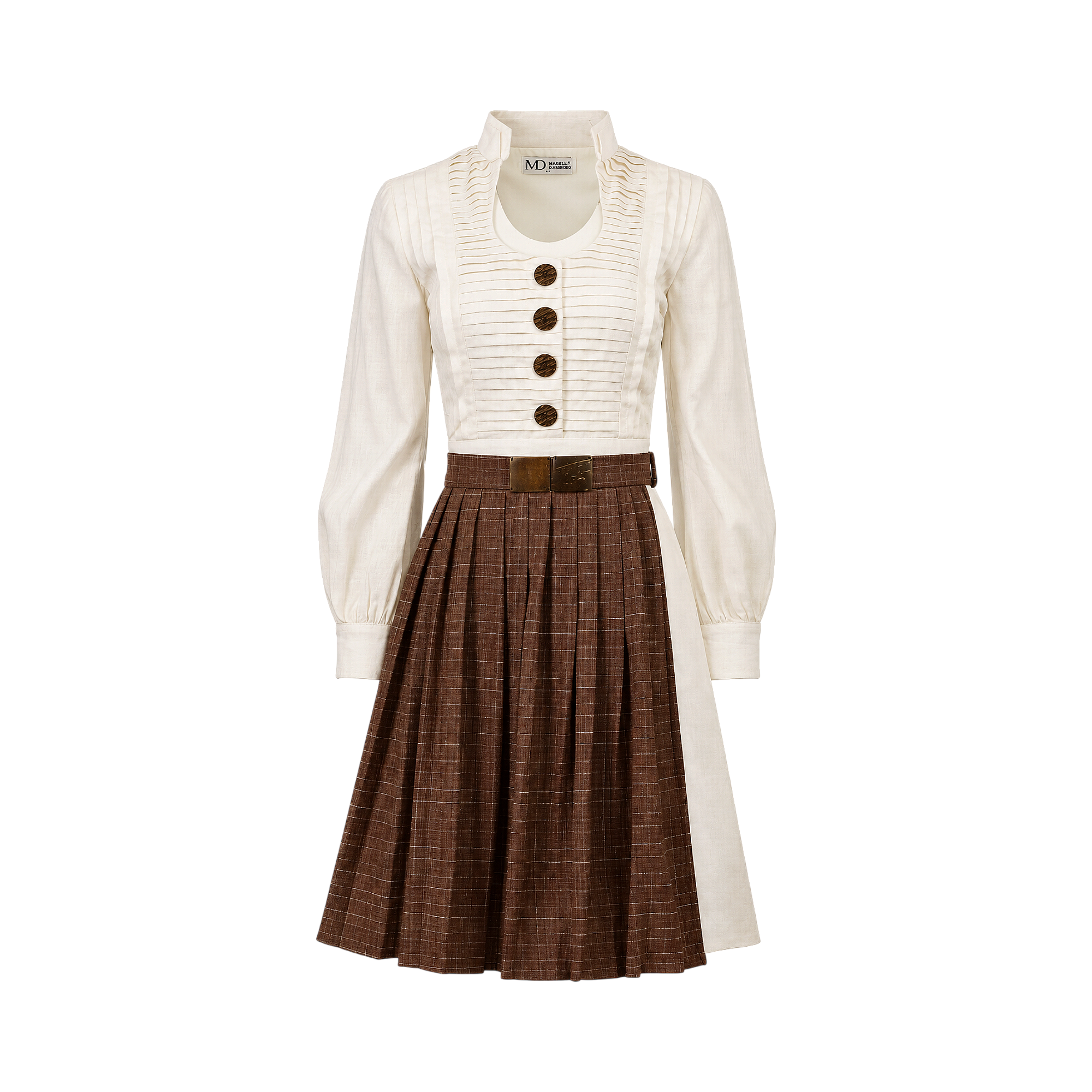 Beige long-sleeved dress with a pleated bodice, brown plaid pleated A-line skirt, and a brown belt.