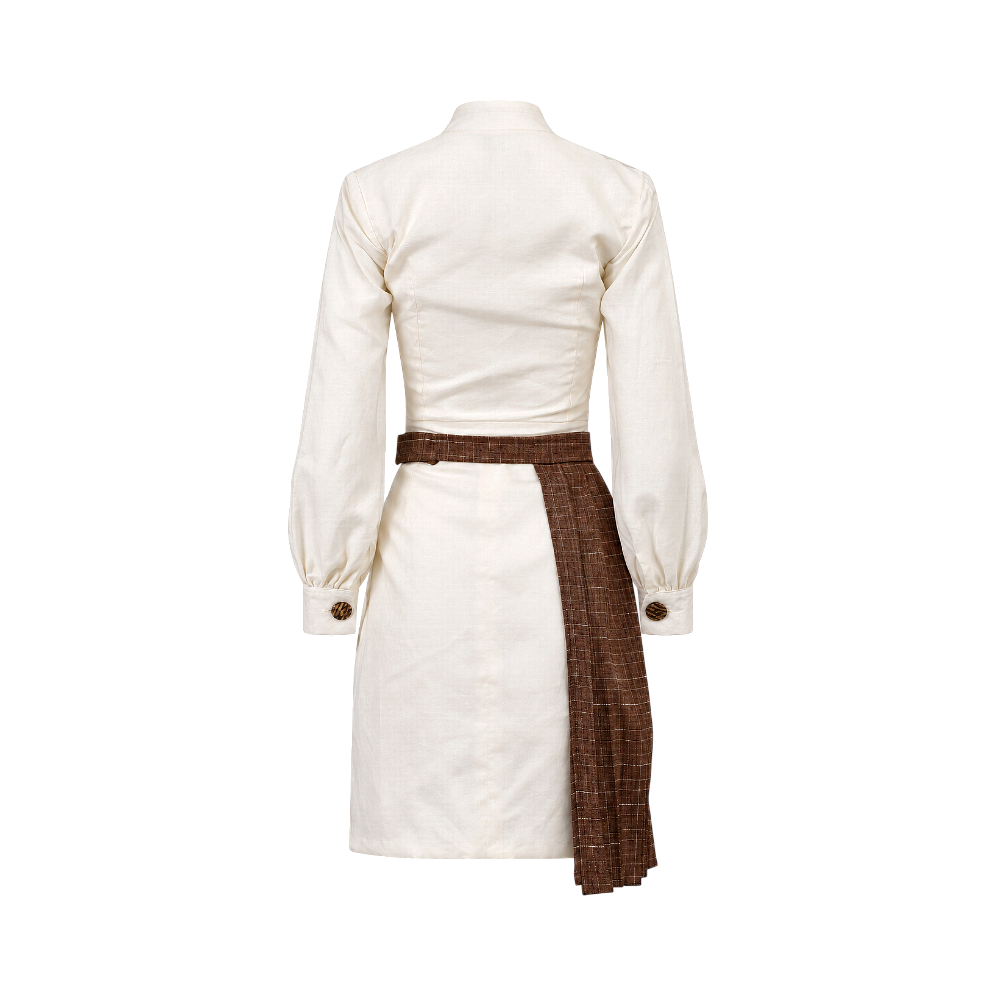 Beige long-sleeve dress, back view. Features a band collar, brown textured cuff buttons, and a brown plaid sash draped down t