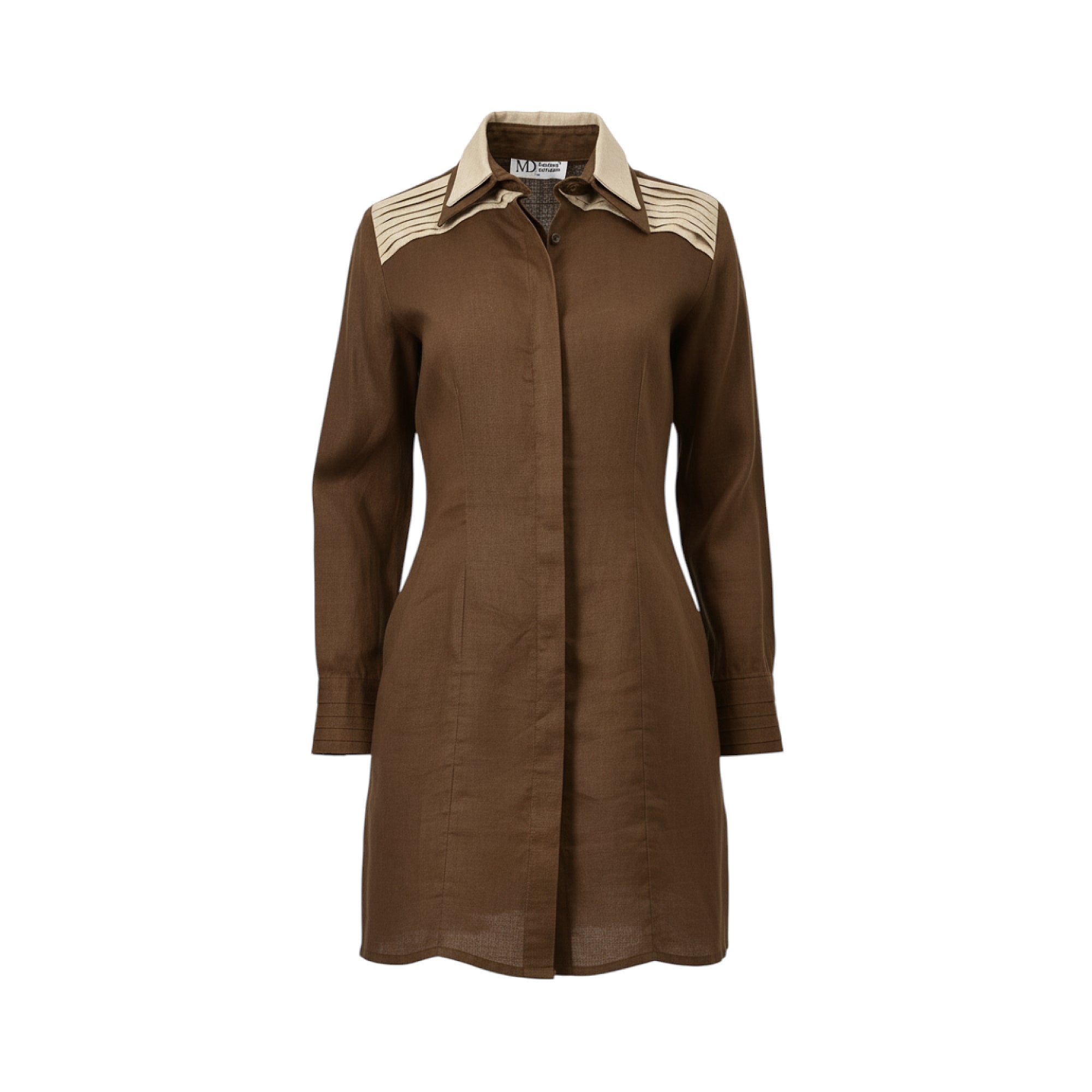 Brown long-sleeved collared dress with a light beige contrast collar and pleated shoulder yoke