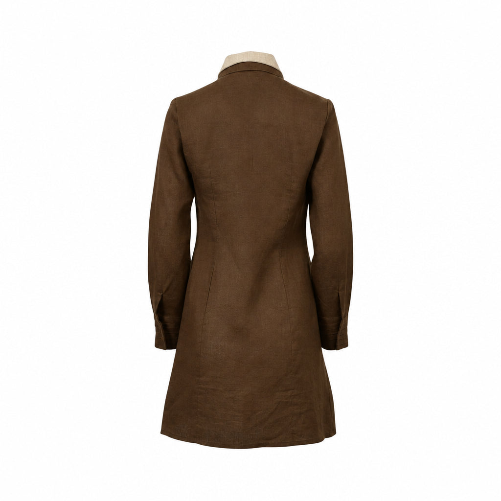 Textured brown long-sleeved dress with a light-colored collar, buttoned cuffs, and vertical back seams.