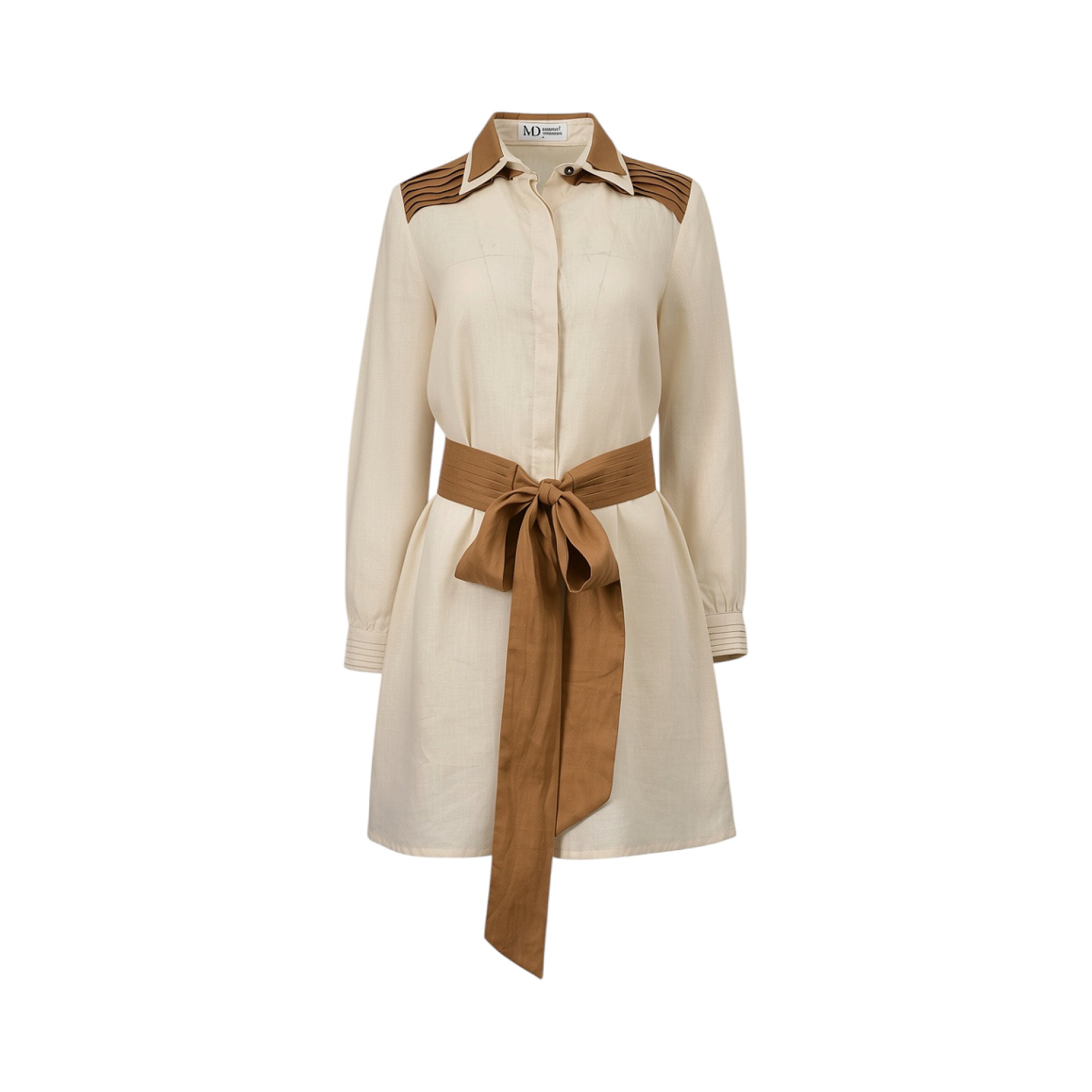 Beige shirt dress with a brown collar, shoulder panels, and a wide brown self-tie sash belt. It has long sleeves with striped
