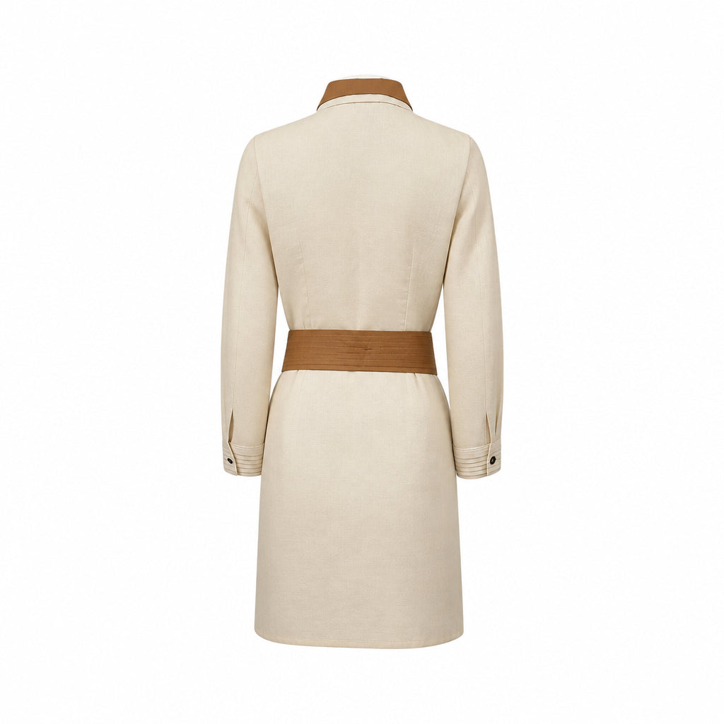 Beige linen-blend dress, back view, with a brown collar, wide brown belt, and long sleeves with dark buttoned cuffs.