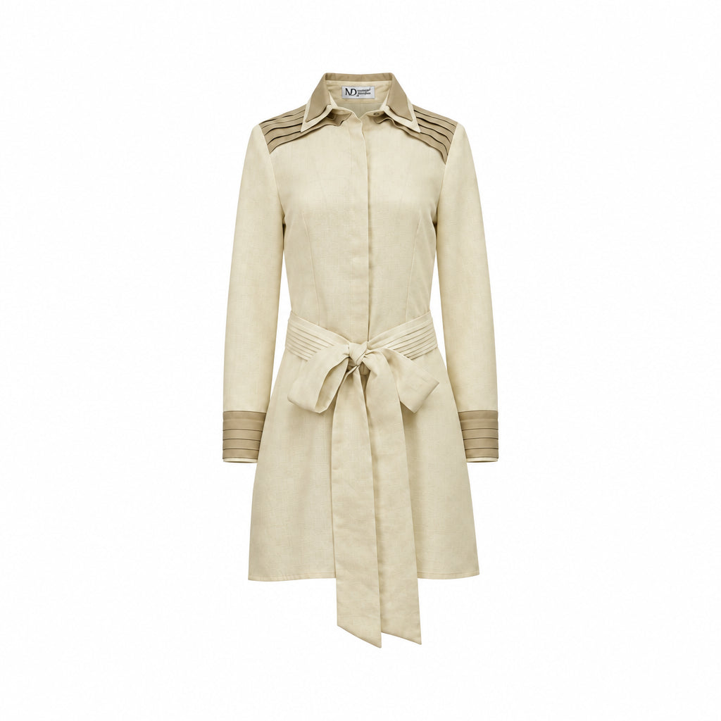 Dark beige collared shirt dress with long sleeves, a self-fabric belt, and contrasting stitched shoulder and cuff panels.