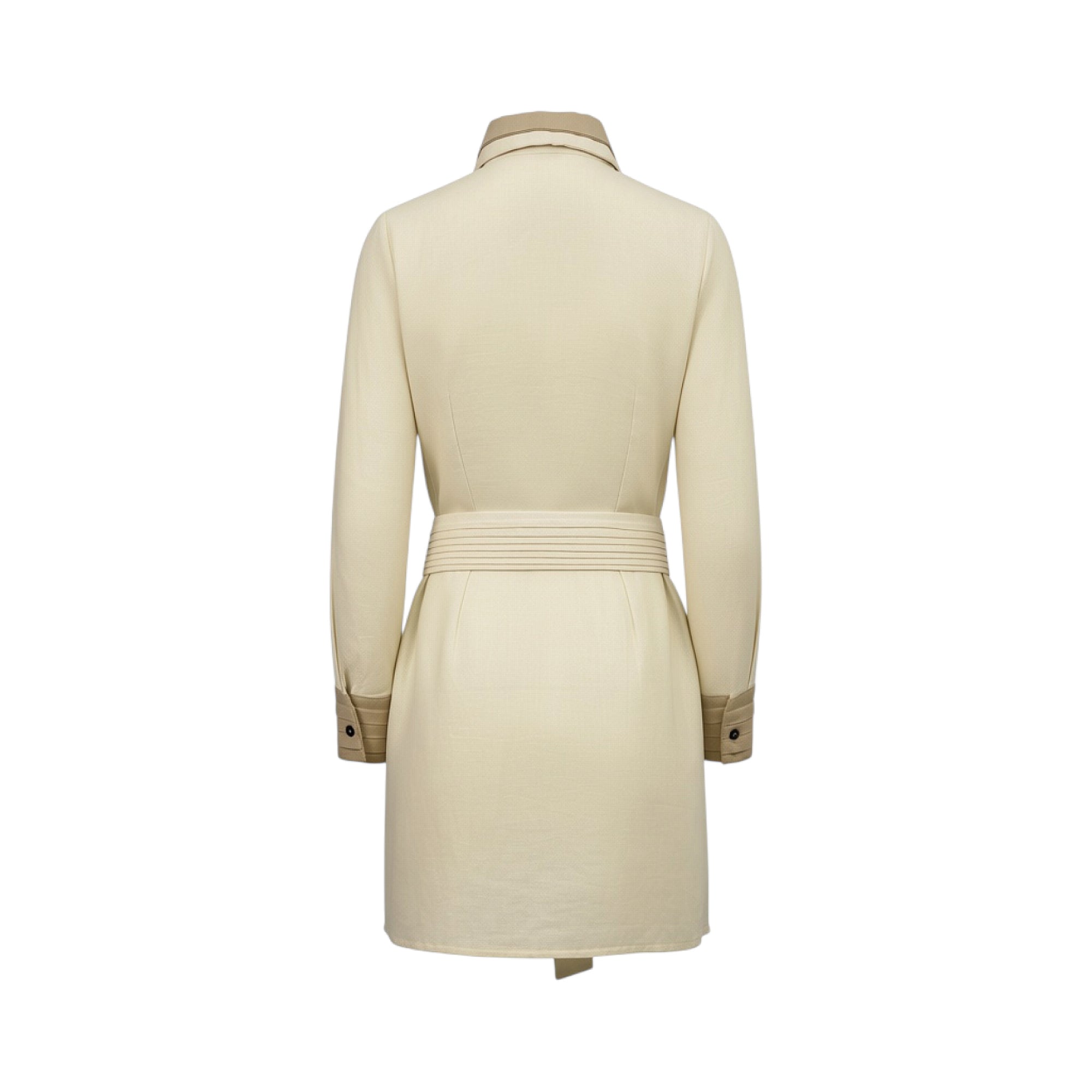 Light beige dress, back view. Features a contrasting dark beige collar and buttoned cuffs. A wide, stitched dark beige belt c