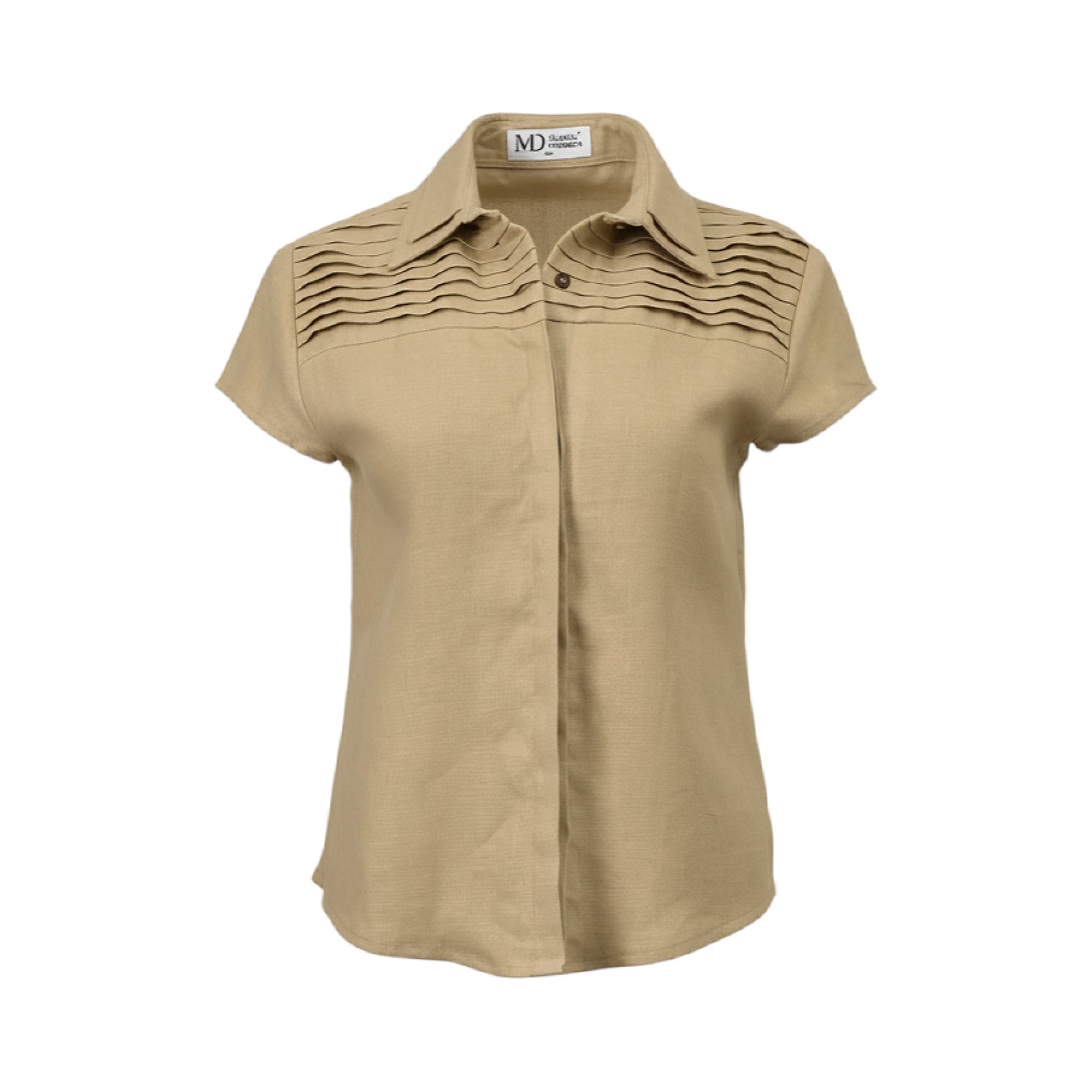 Beige short-sleeved blouse with a structured collar, horizontal pintuck detailing across the chest, and a curved hem.