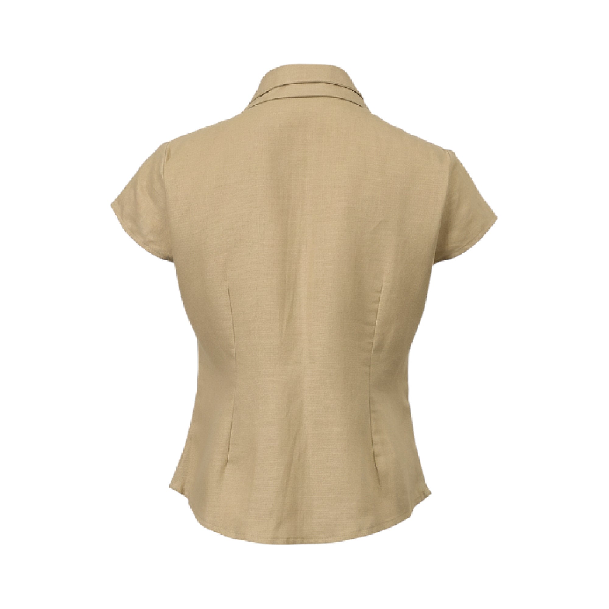 Beige short-sleeved collared blouse with a textured fabric and vertical shaping seams on the back.