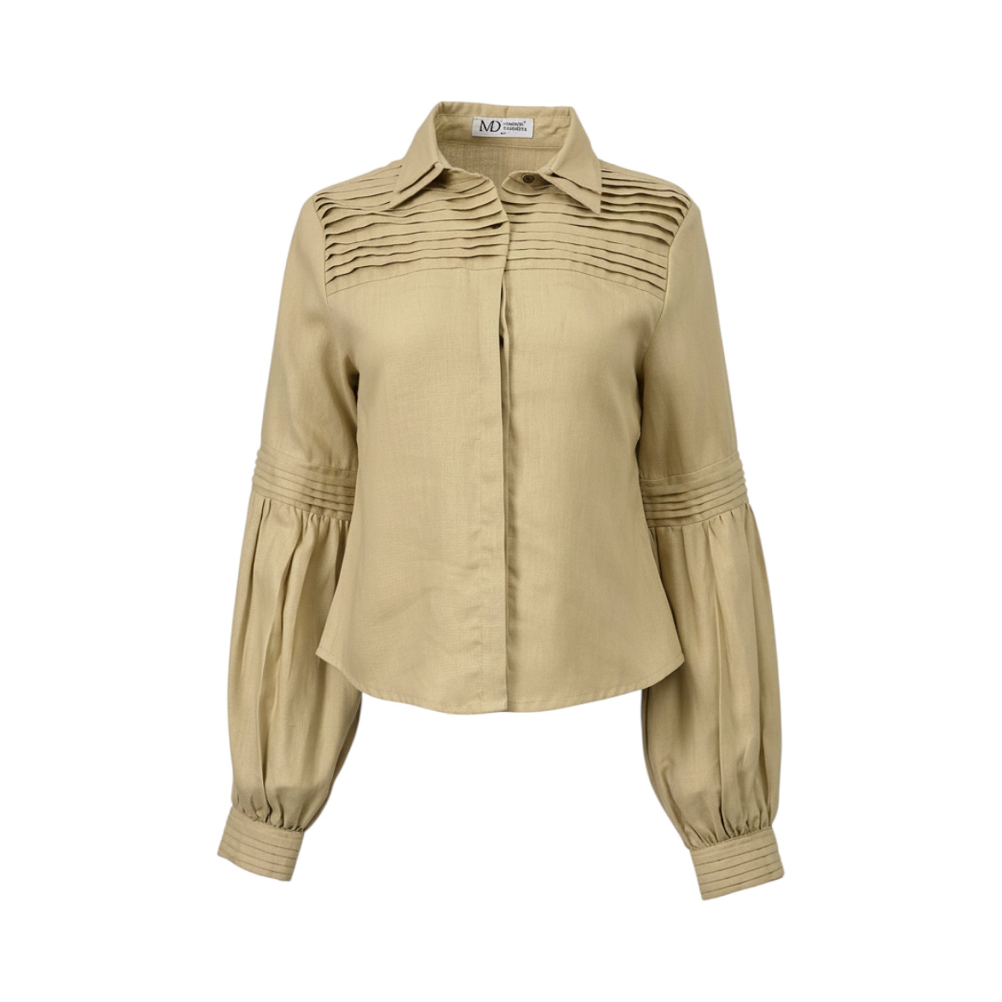 Beige collared blouse with pintuck detailing on the yoke and gathered voluminous sleeves with buttoned cuffs.
