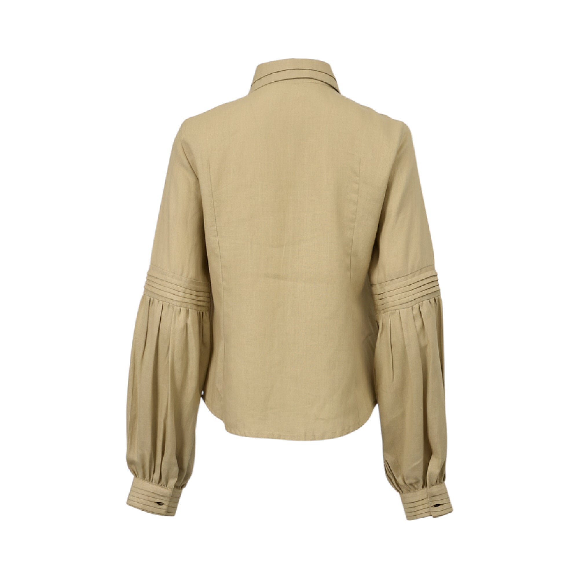 Beige woven blouse, back view, with a stitched stand-up collar, long puffed sleeves with pleated details, and buttoned cuffs.