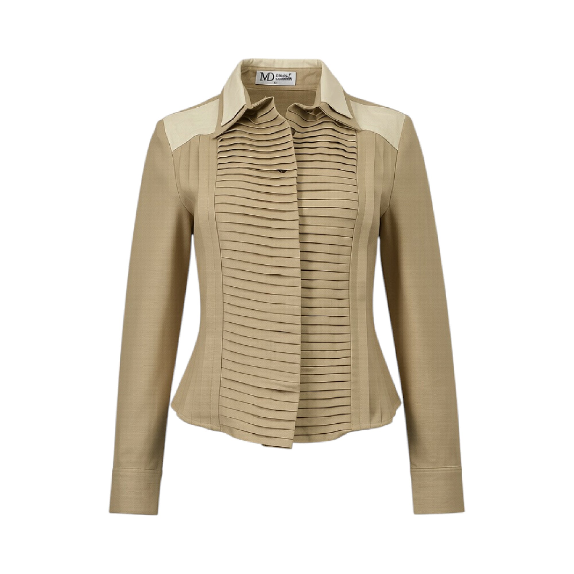 Beige tailored blouse with long sleeves, a pointed collar, and a pleated front panel, featuring lighter beige contrast fabric