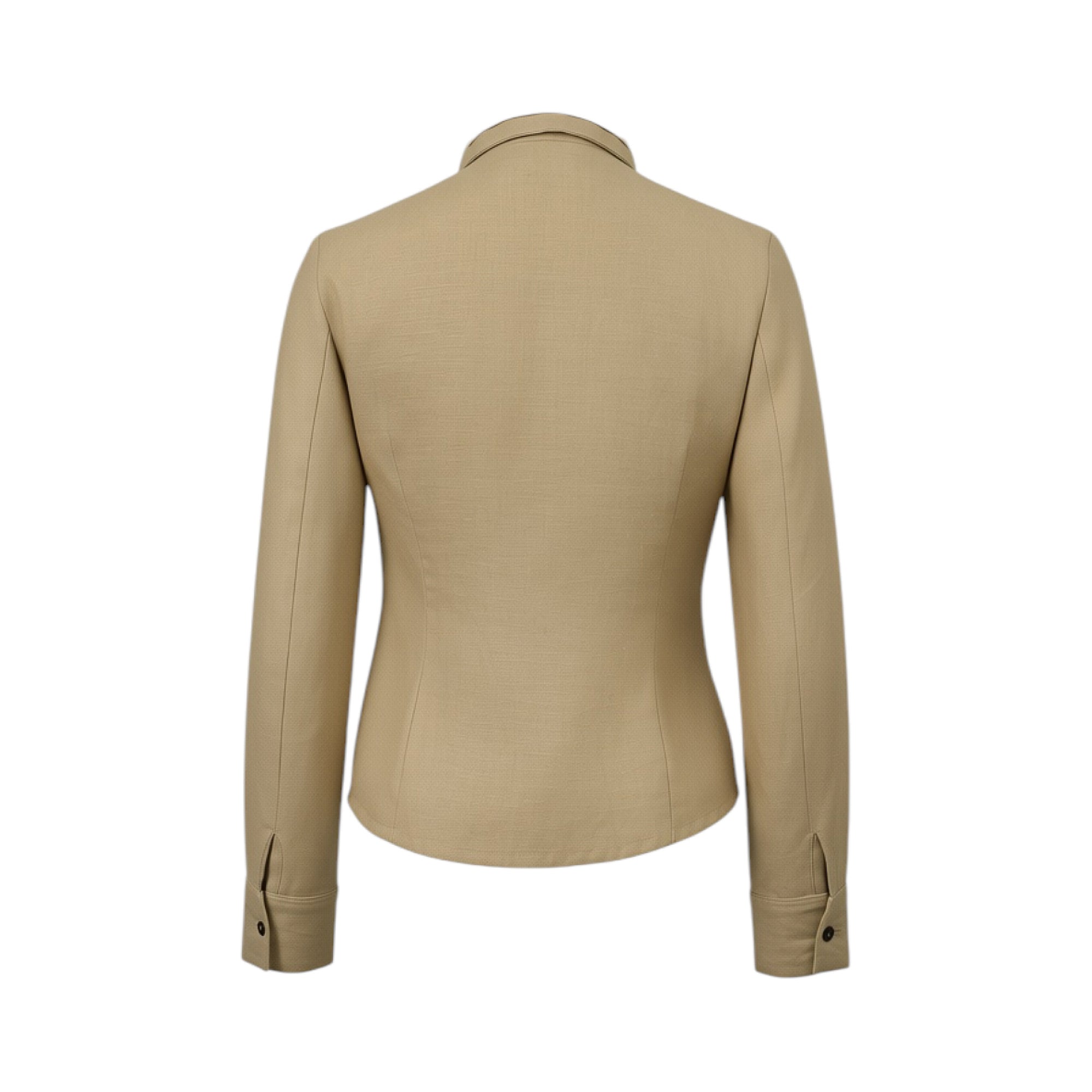 Beige textured blouse, back view, with a stand-up collar, long sleeves, and single-button cuffs.