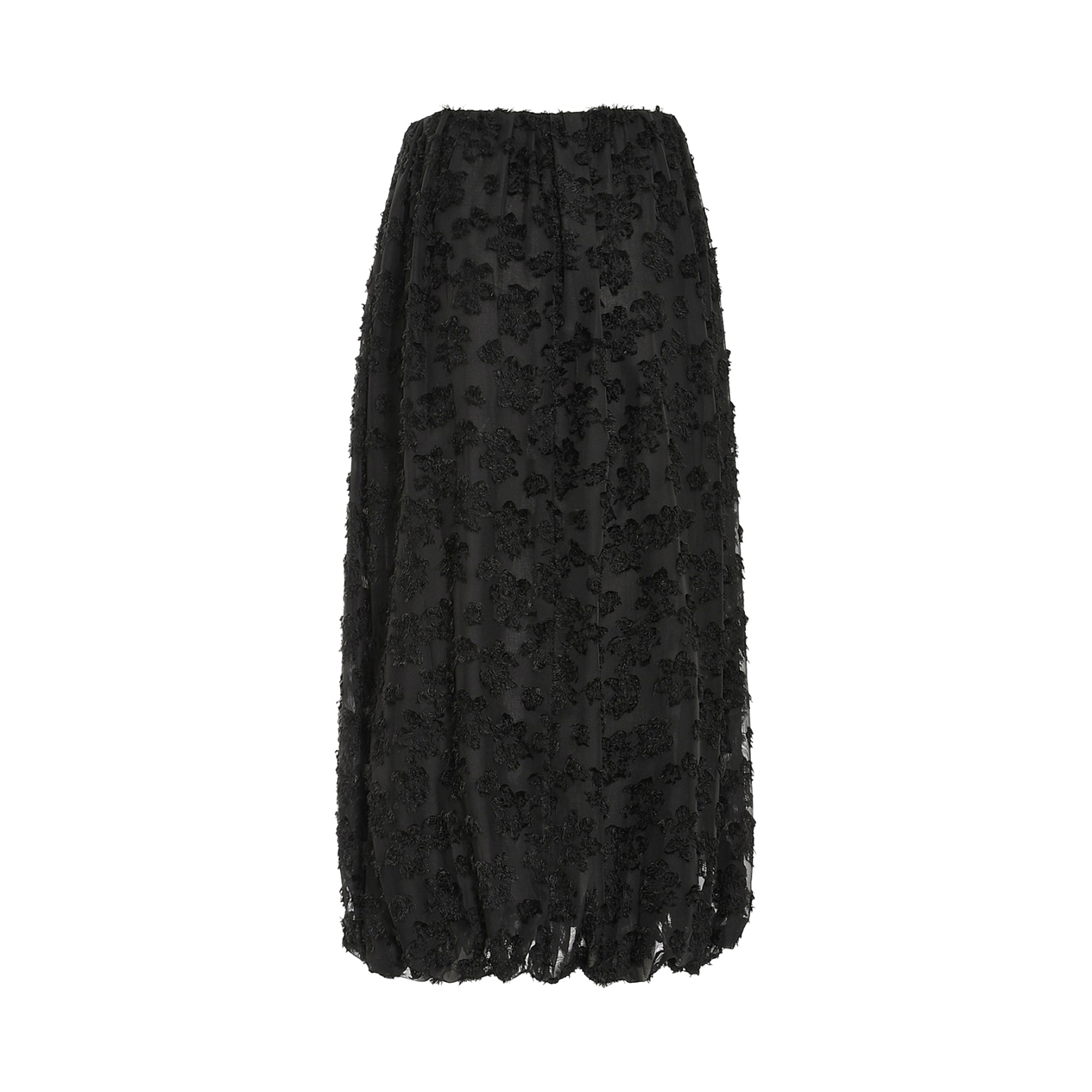 Black midi skirt with an elastic waist, featuring a sheer overlay with textured floral patterns and a gathered bubble hem.