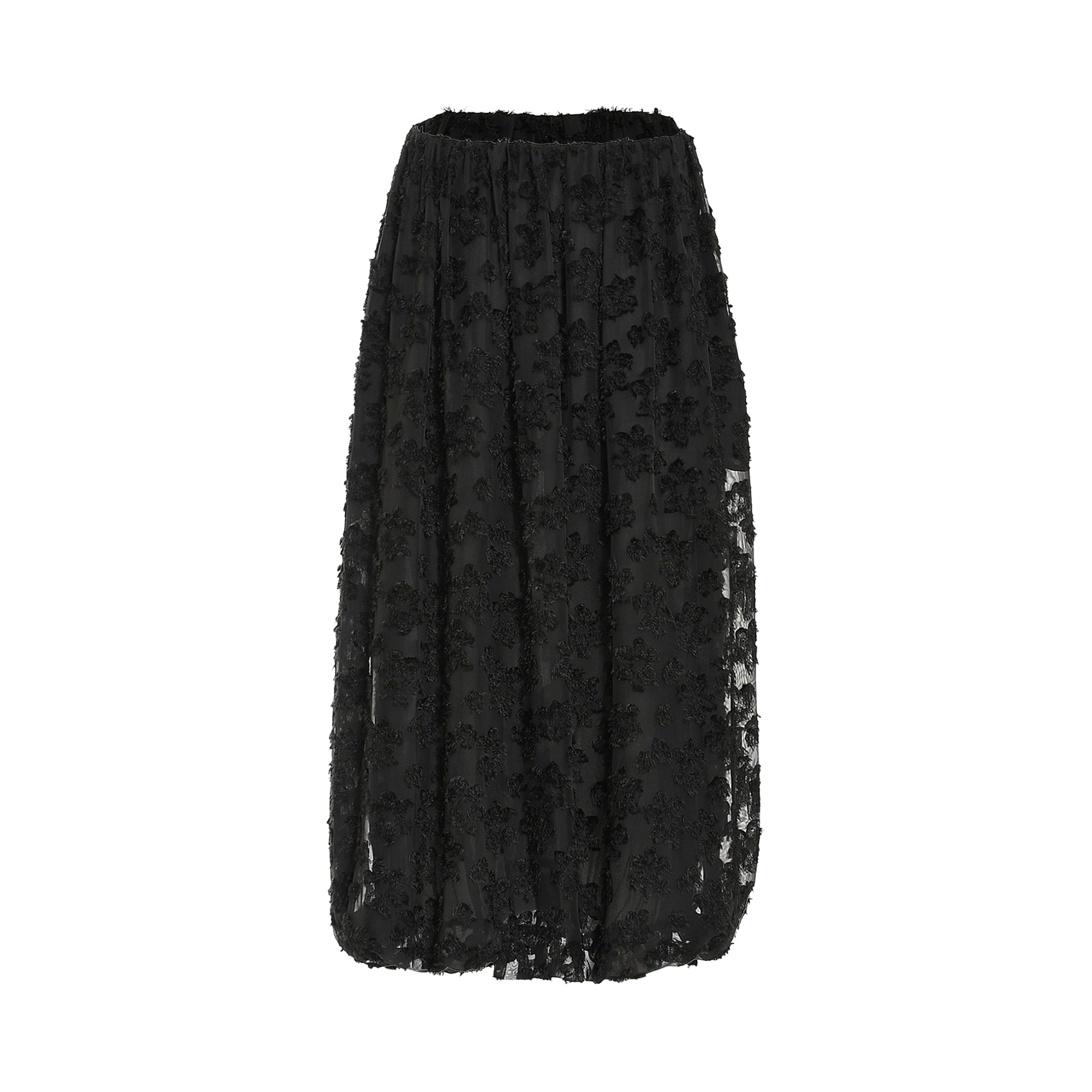 Black textured maxi skirt with an elasticated waistband and a balloon hem, featuring an all-over raised floral pattern.