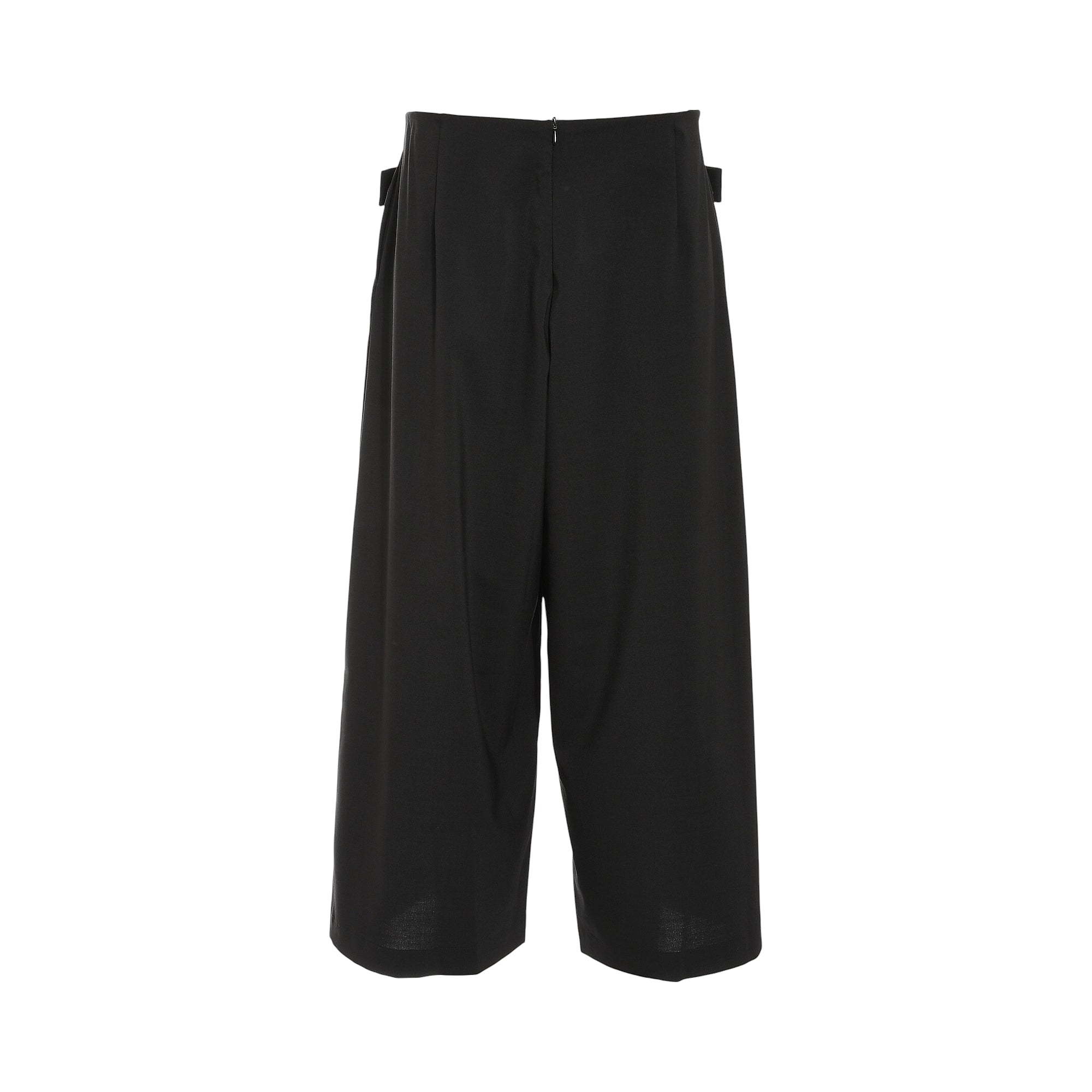 Black high-waisted wide-leg cropped trousers with a back zip closure and side waist tabs.