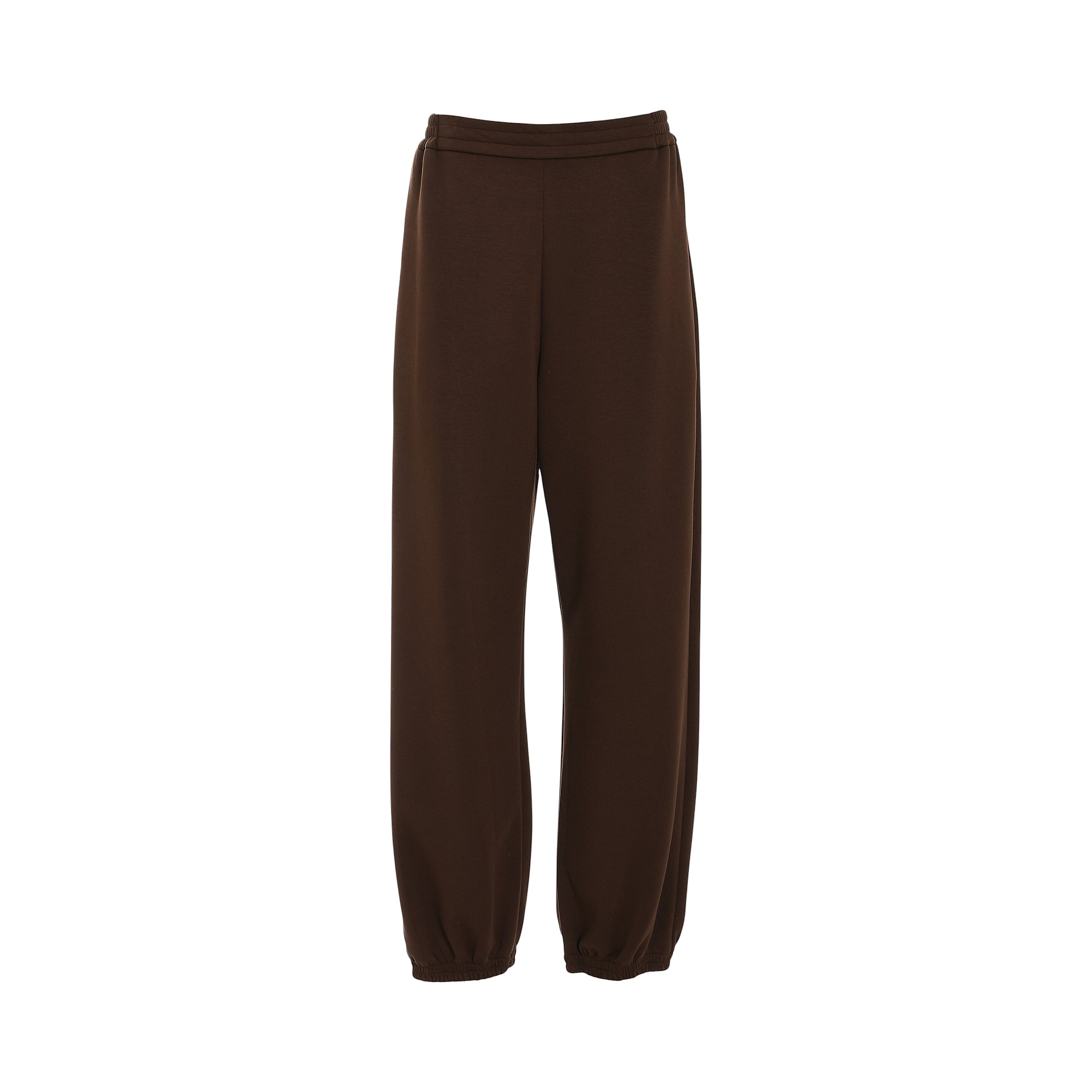 Dark brown relaxed fit knit trousers with an elasticated waistband and cuffed ankles.