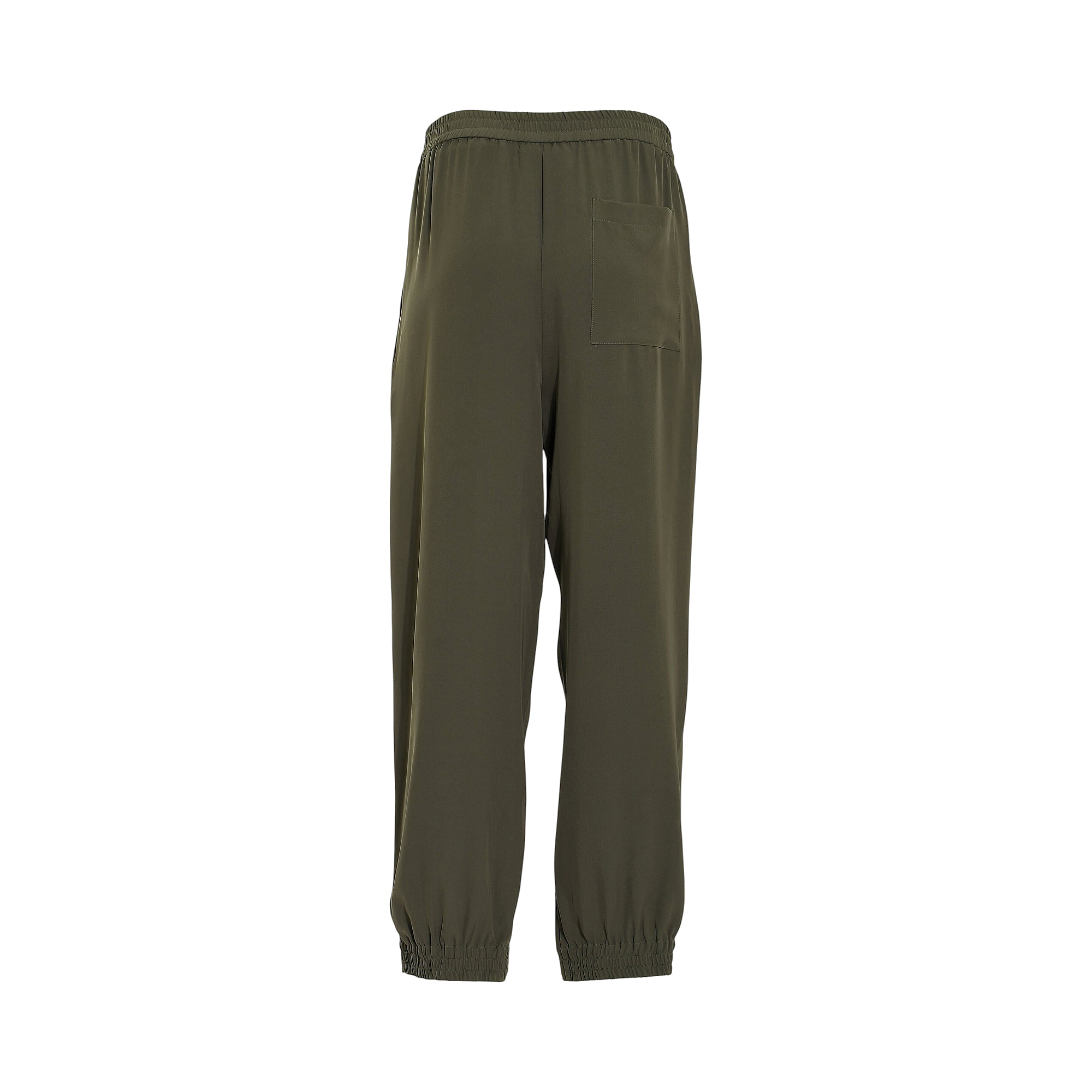 Olive green trousers with an elasticated waist, a rear patch pocket, and gathered ankle cuffs.