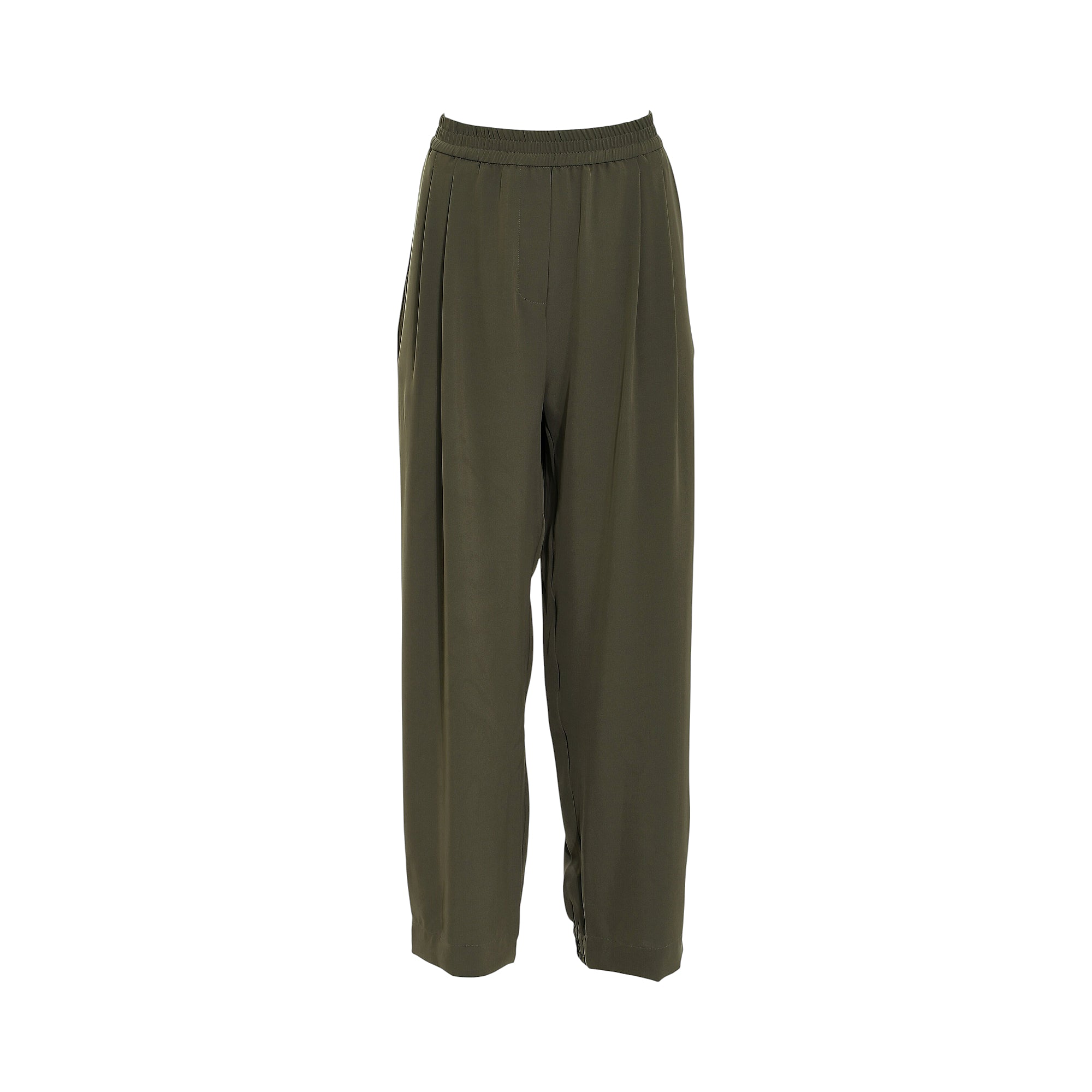 Olive green relaxed-fit wide-leg cropped trousers with an elasticated waistband and side pockets.