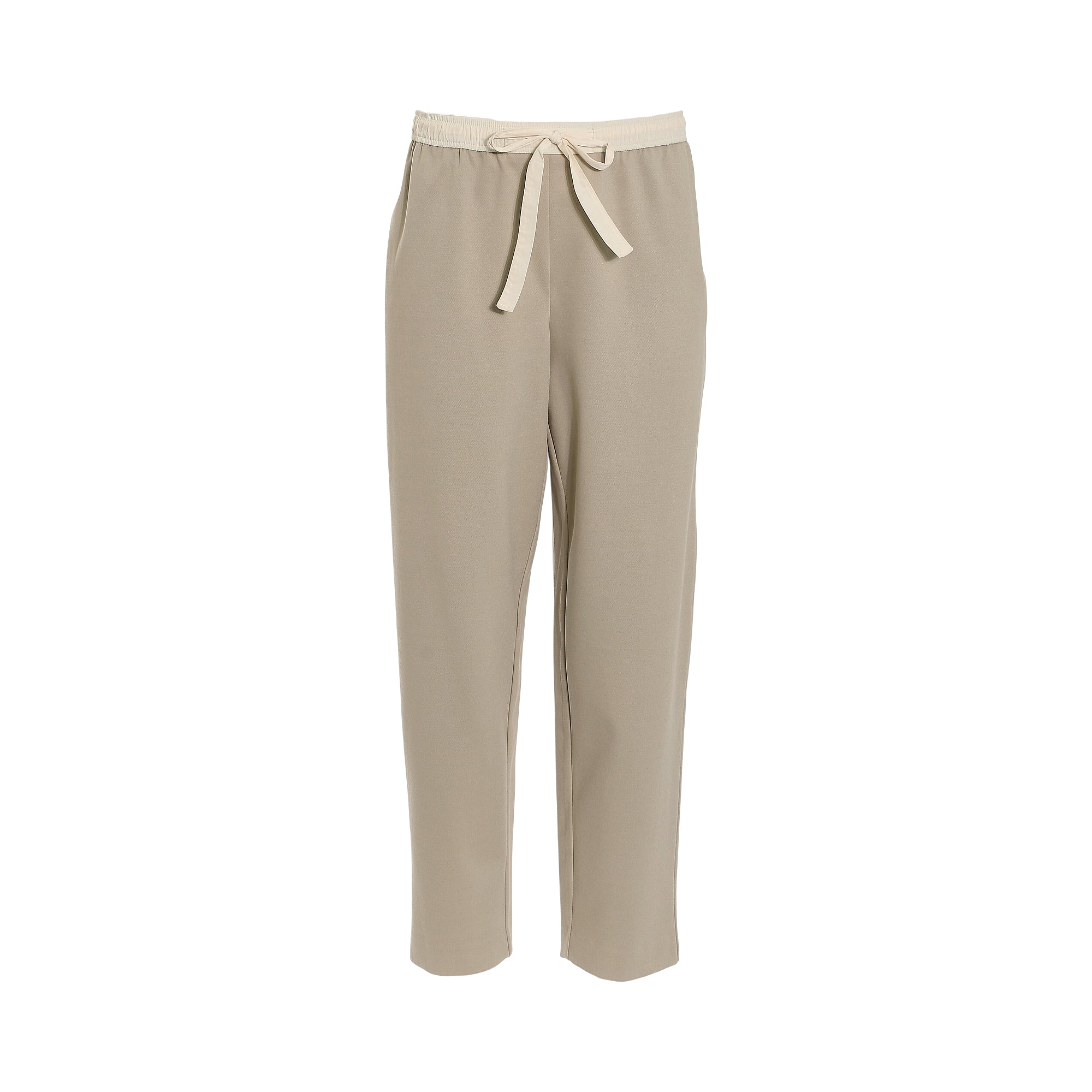 Light almond beige relaxed-fit trousers with a lighter papyrus cream elasticated drawstring waistband and side pockets.
