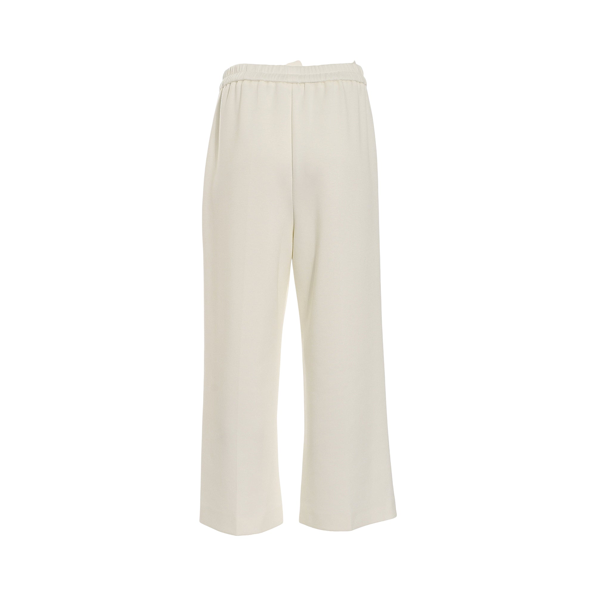 Cream wide-leg cropped trousers with an elasticated waistband, seen from the back.