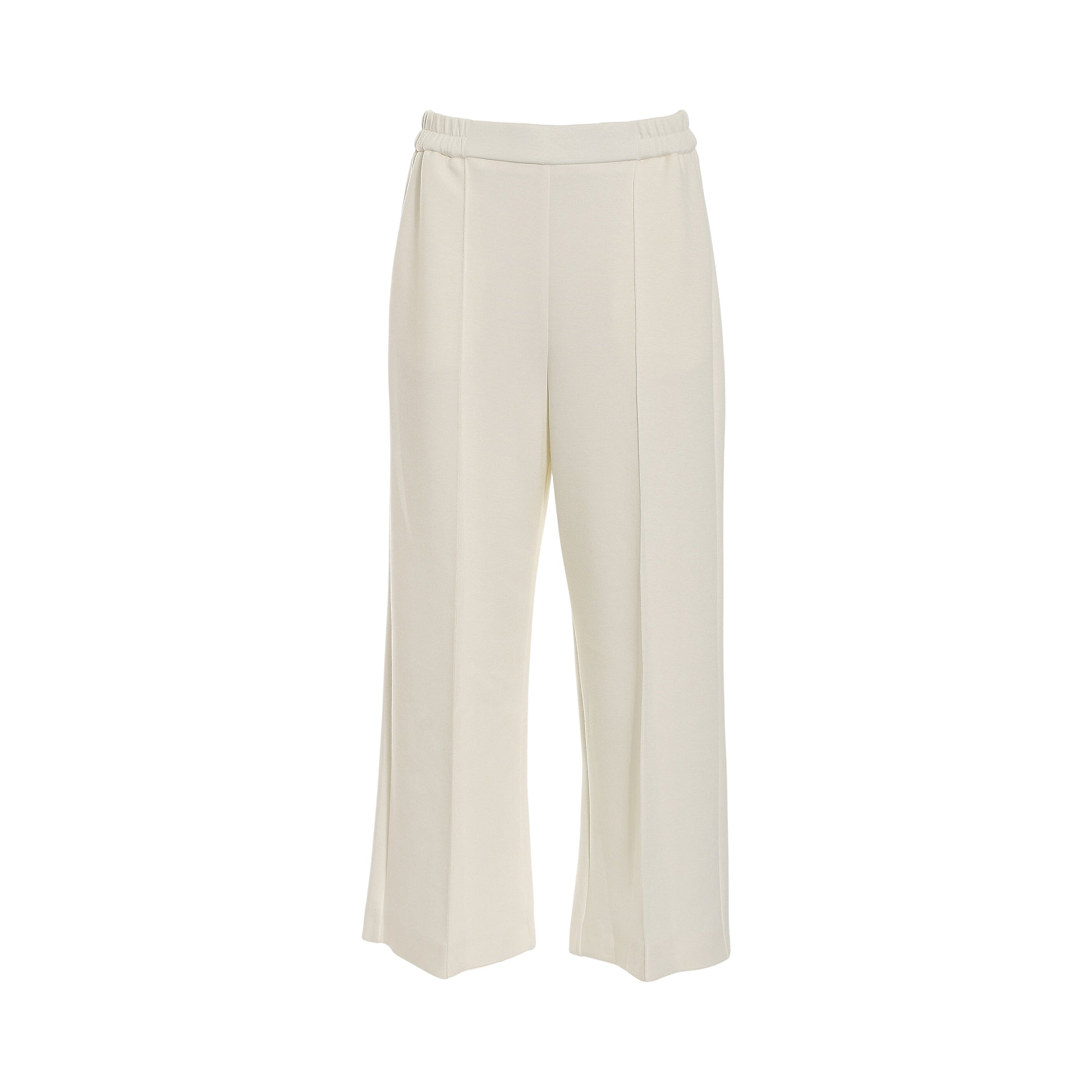 Light beige cropped wide-leg trousers with an elasticated waistband and visible centre front leg seams.