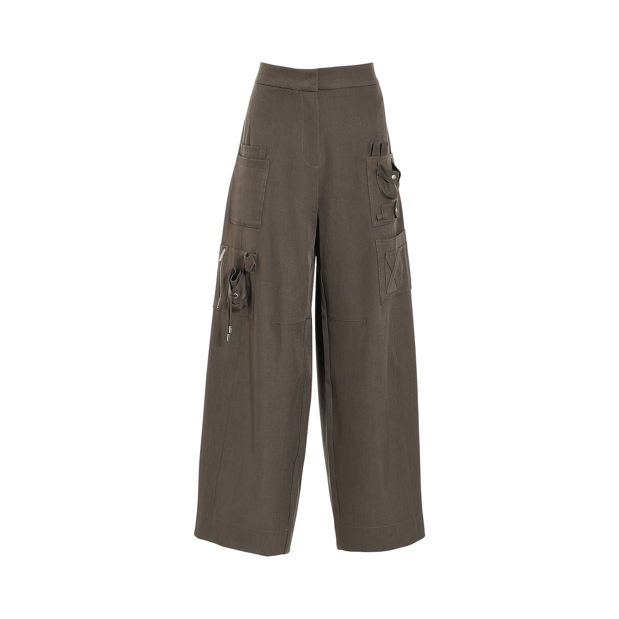 Fango wide-leg trousers with multiple utility patch pockets, one with a flap and snap, another with a zipper and lacing.