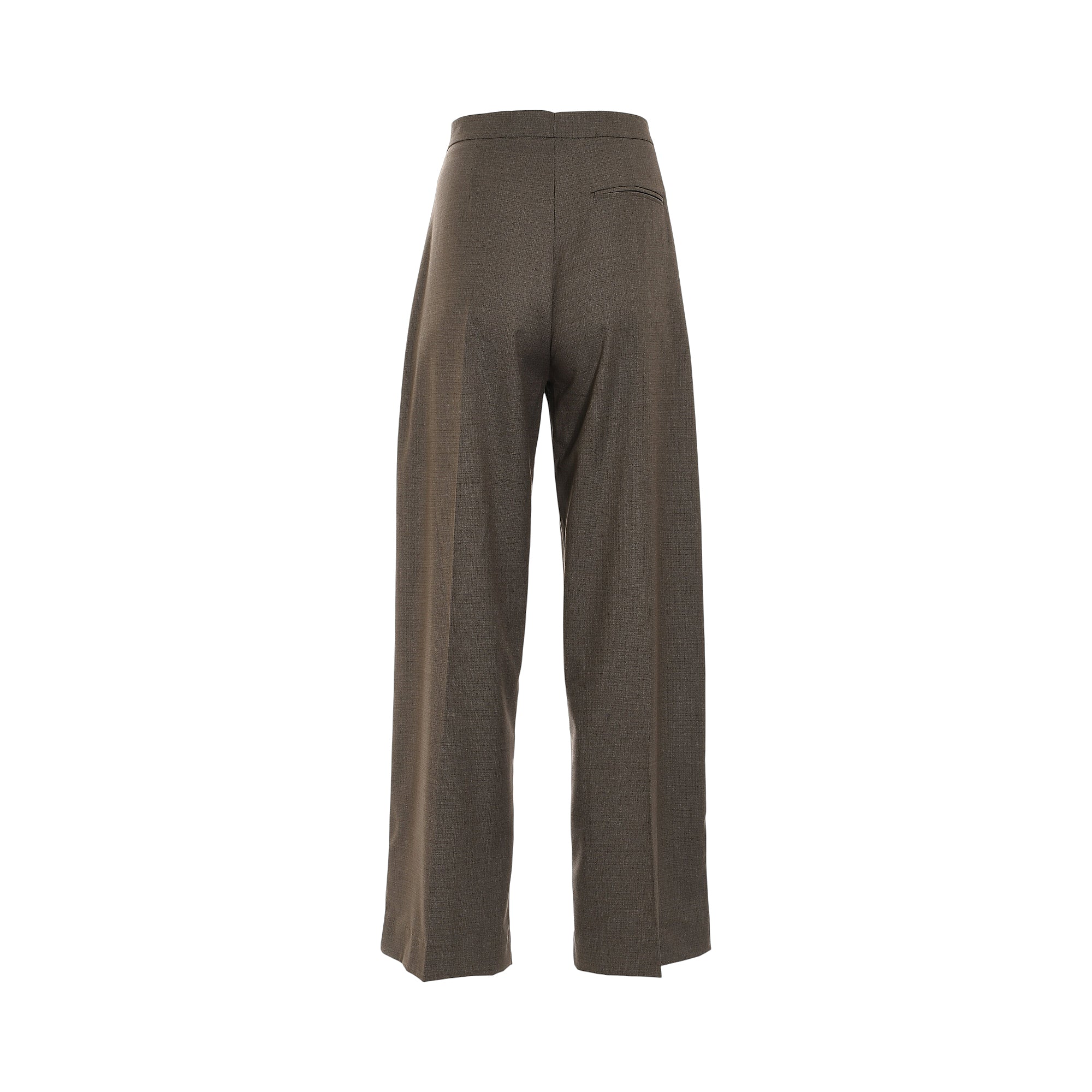 Coffee bean brown wide-leg trousers with a subtle woven texture, featuring a high waist and a single back welt pocket.
