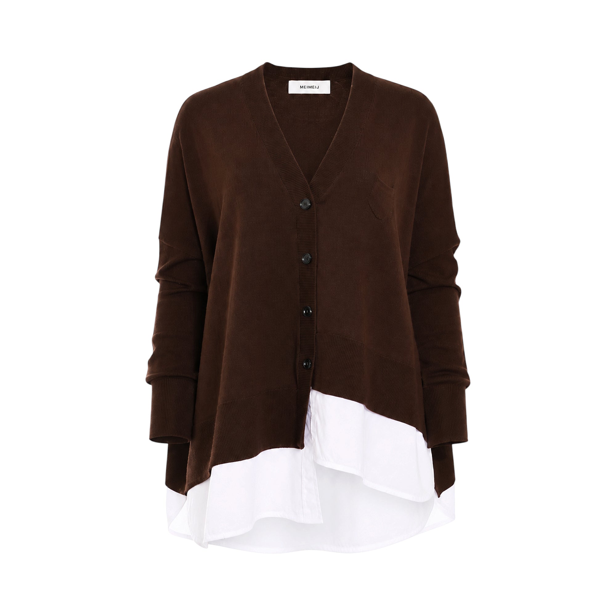 Dark brown knit V-neck cardigan with a chest pocket and ribbed cuffs, layered over an off-white woven shirt with a curved hem