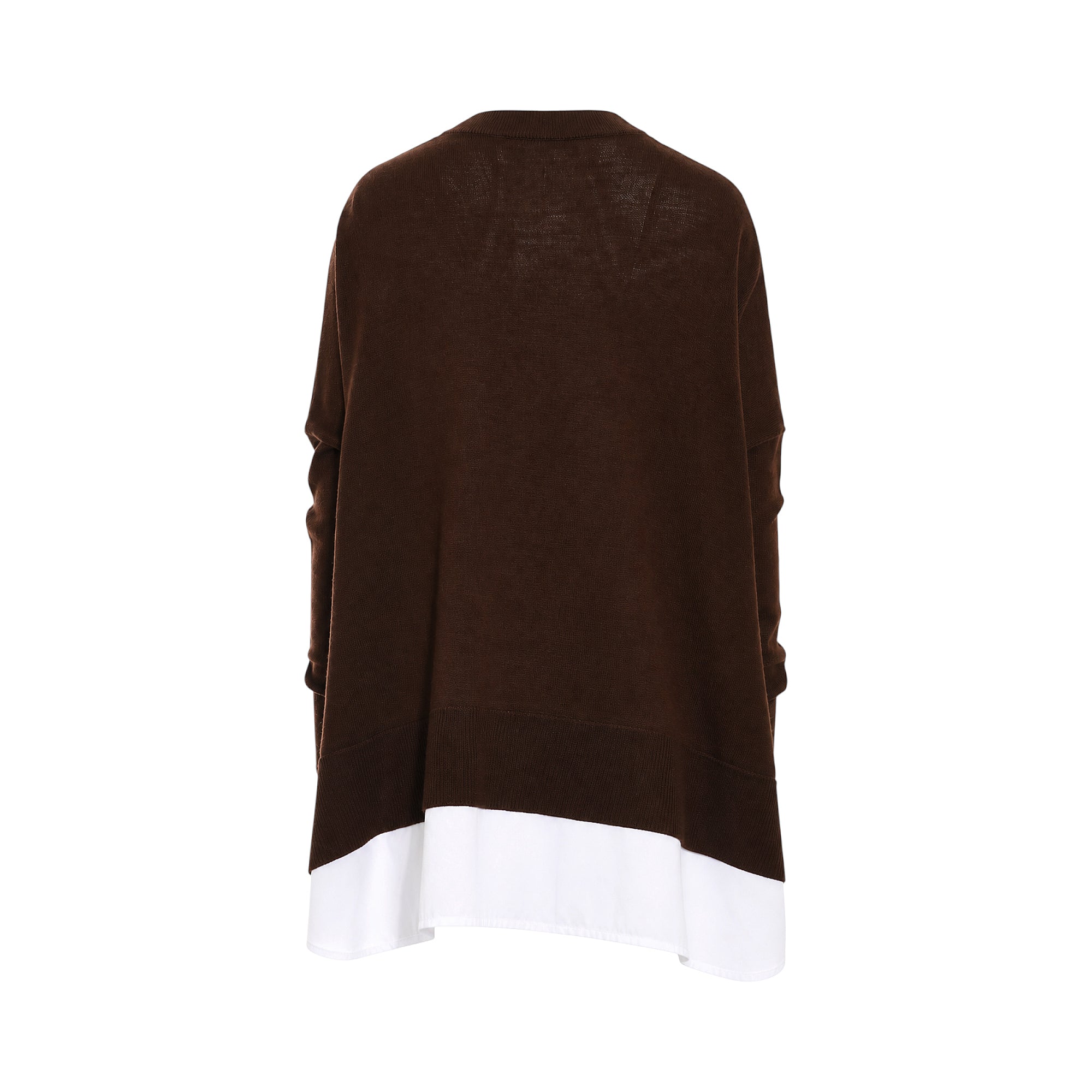 Back of a dark brown knit cardigan with long sleeves and a ribbed hem, layered over an off-white fabric with an asymmetrical