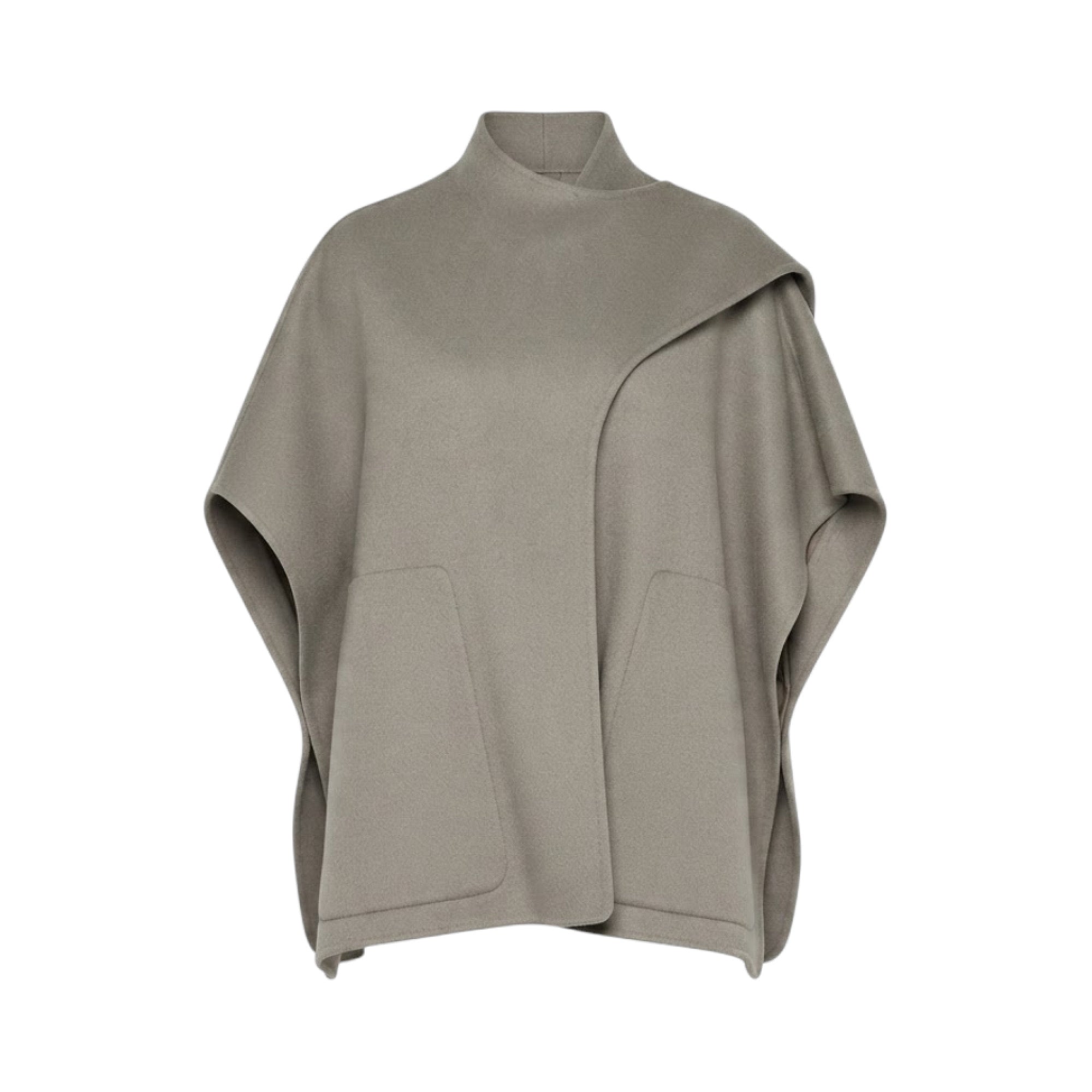 Pelican grey poncho coat with high stand collar, asymmetric shoulder drape, and front patch pockets.
