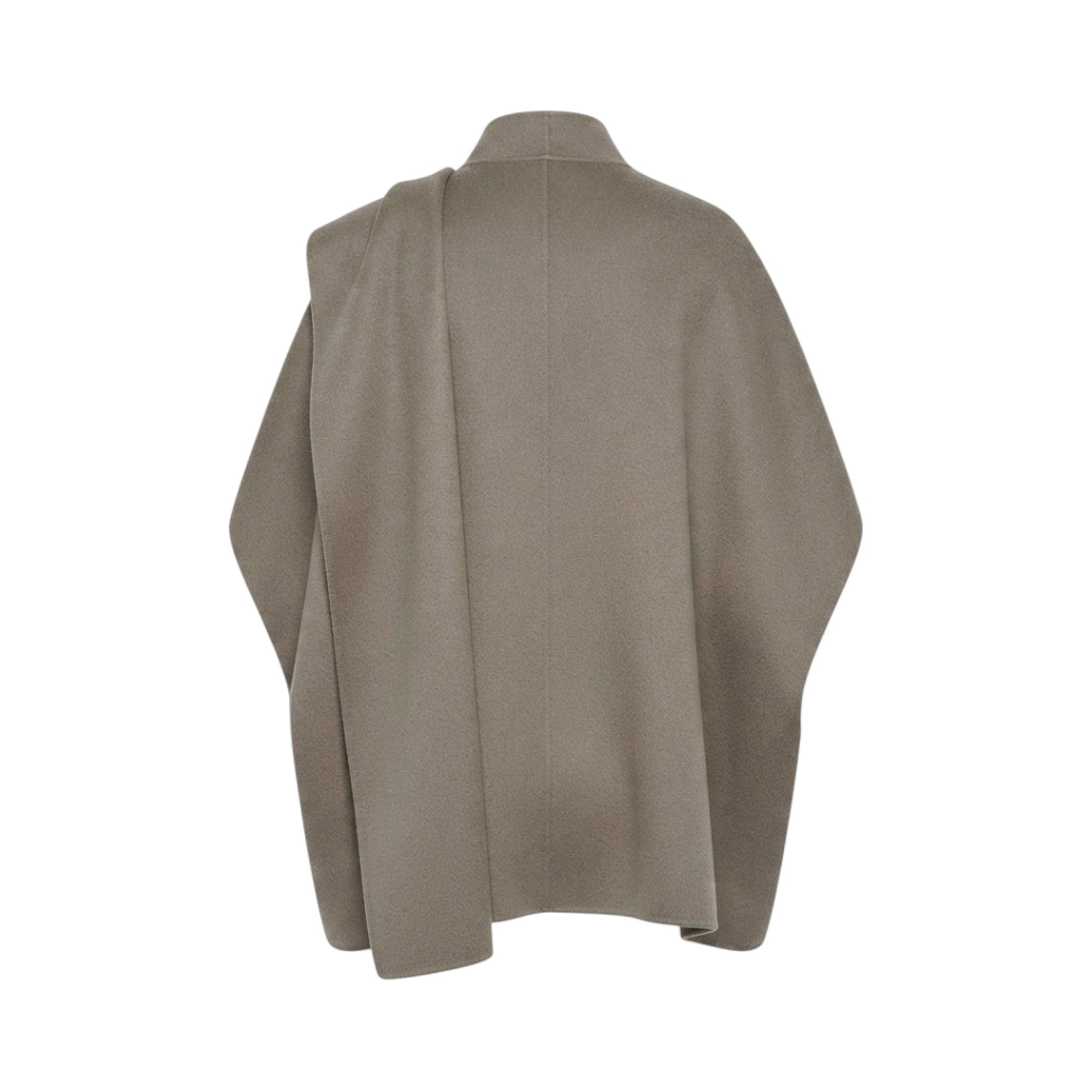Taupe poncho coat with a high stand collar and a draped panel over the left shoulder, made of soft, textured fabric.