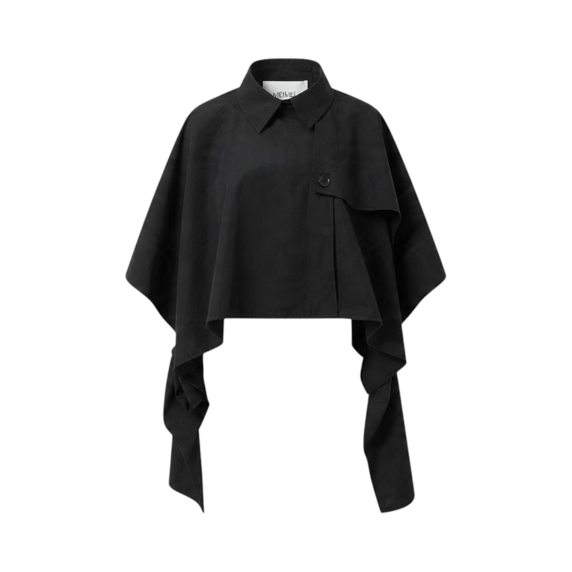 Black cropped cape top with a pointed collar, single button closure, and long, draped ties at the front hem.