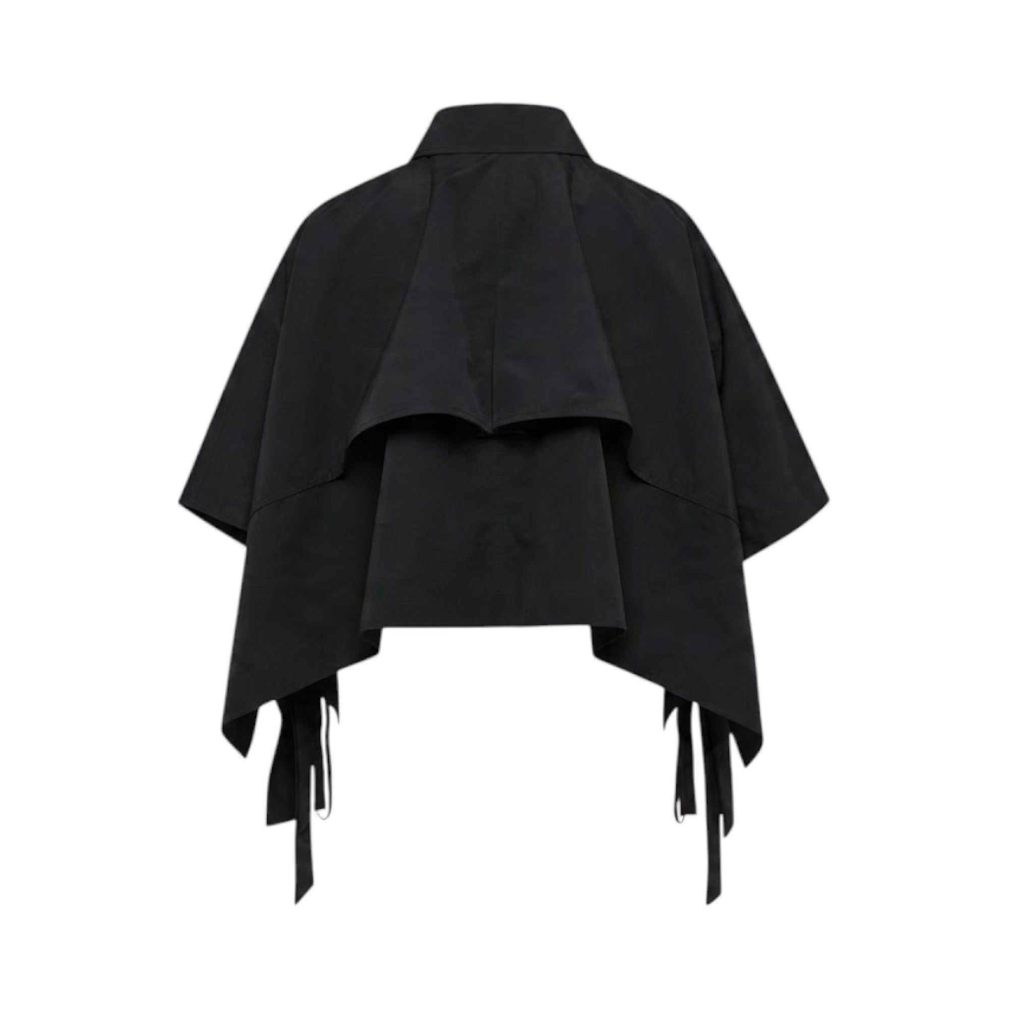 Black short-sleeved cape with a stand collar, layered back, asymmetrical hem, and multiple fabric ties.