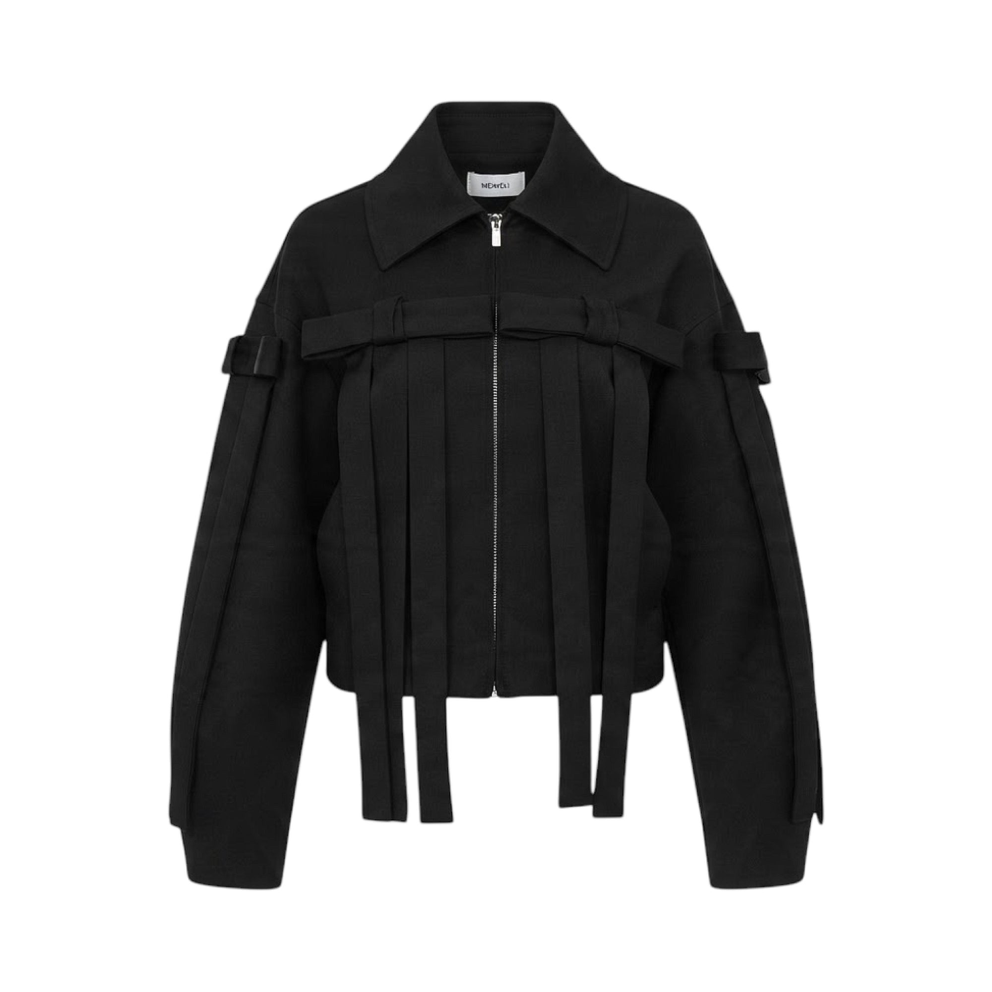 Black collared jacket with full zip front, dropped shoulders, vertical fabric strips on the chest, and horizontal bow details
