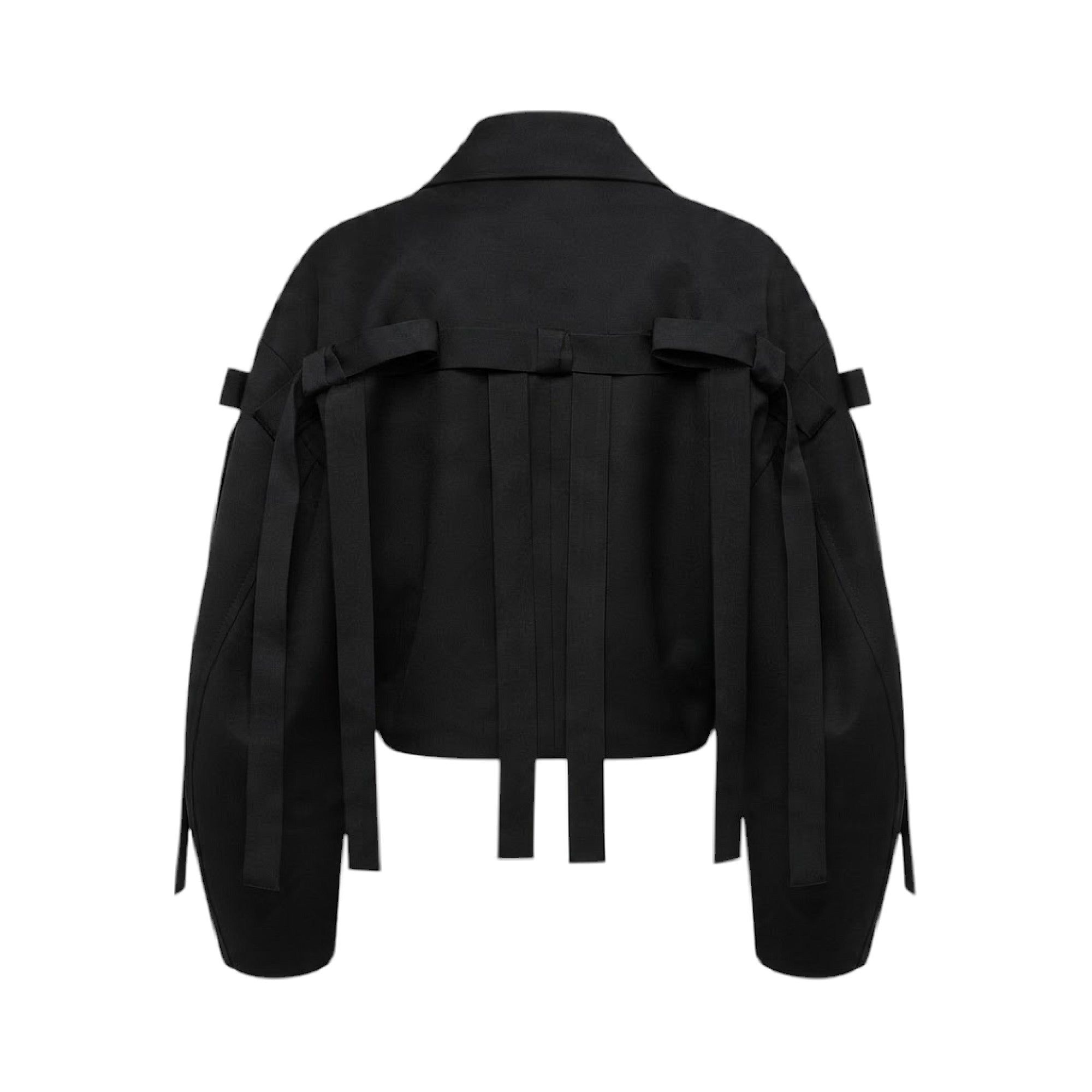 Black collared jacket with voluminous sleeves and multiple vertical fabric straps hanging from the back yoke and sleeves.