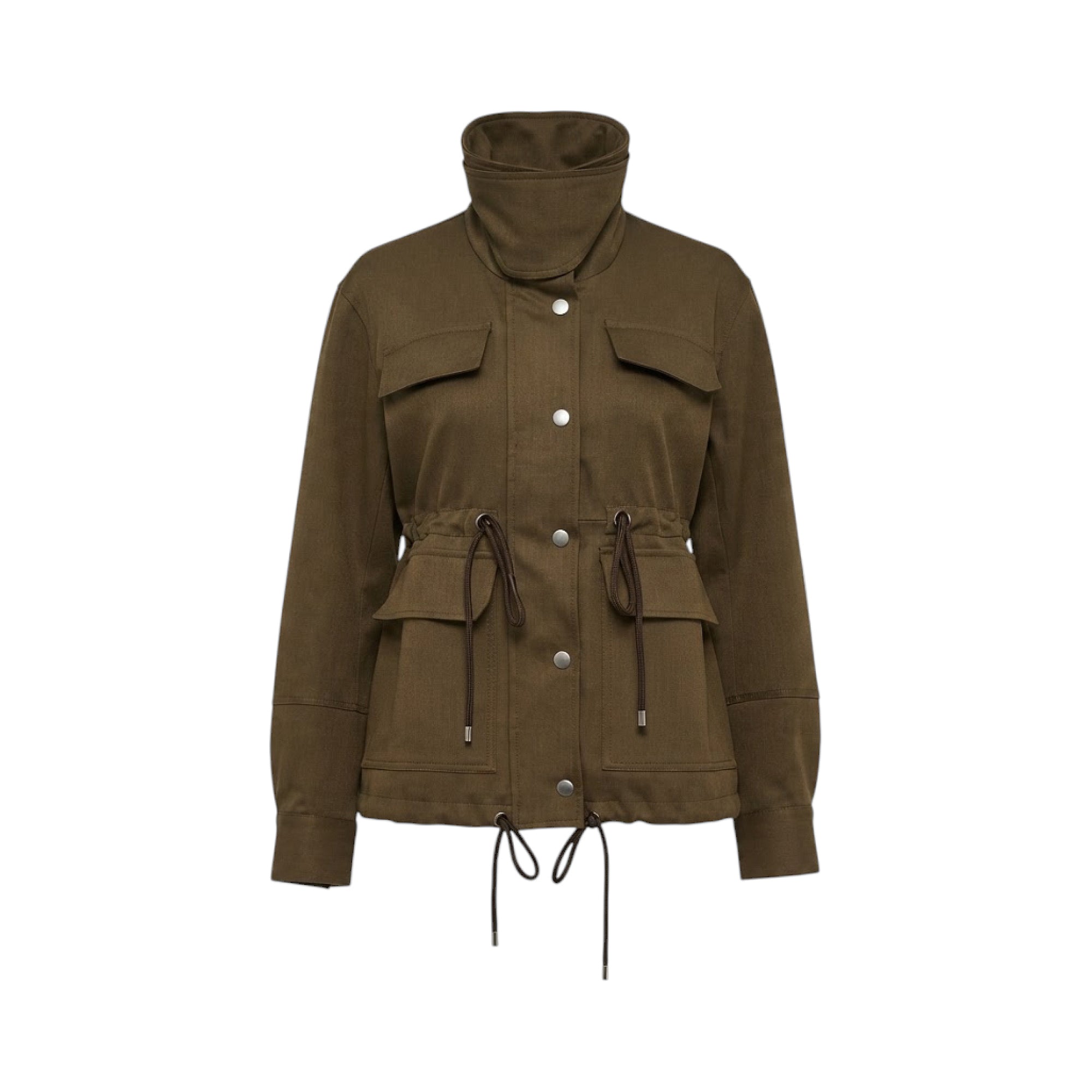 Olive green women's utility jacket with a high stand collar, silver-toned snap buttons, and dark brown drawstrings.