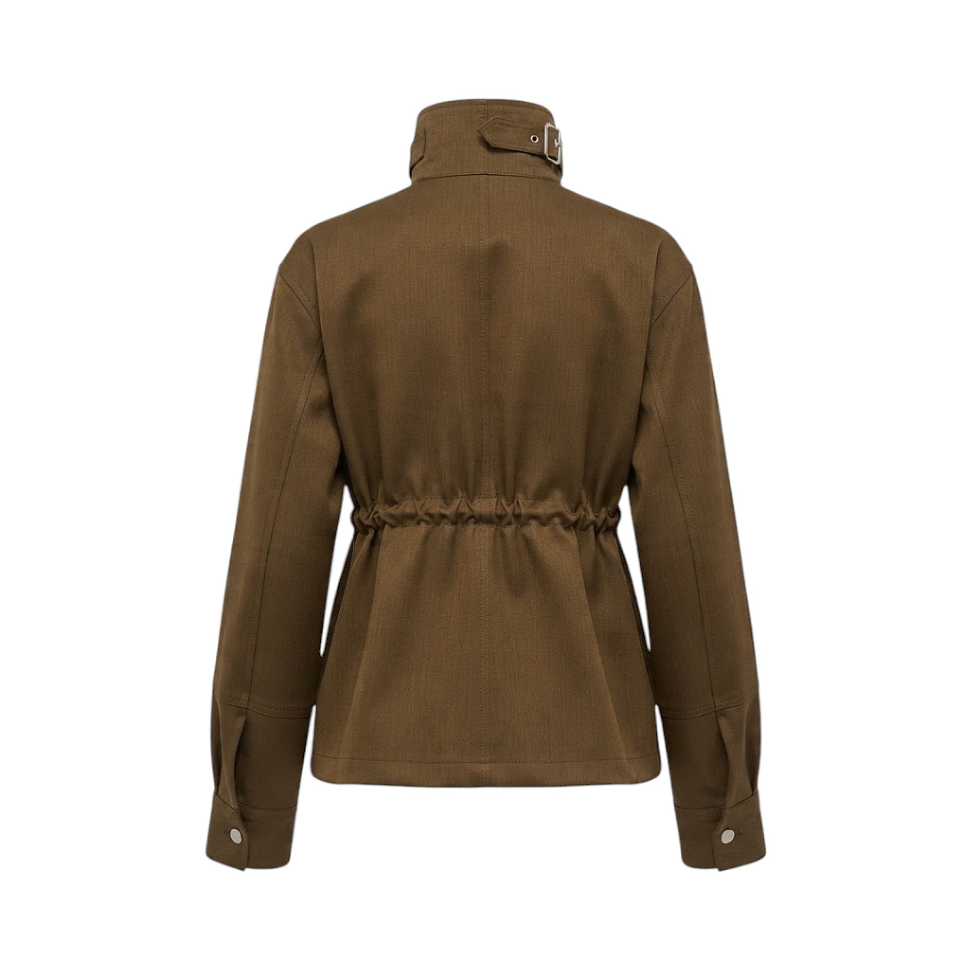 Brown woven jacket, back view. High collar with silver-toned buckle, cinched drawstring waist, and buttoned cuffs.