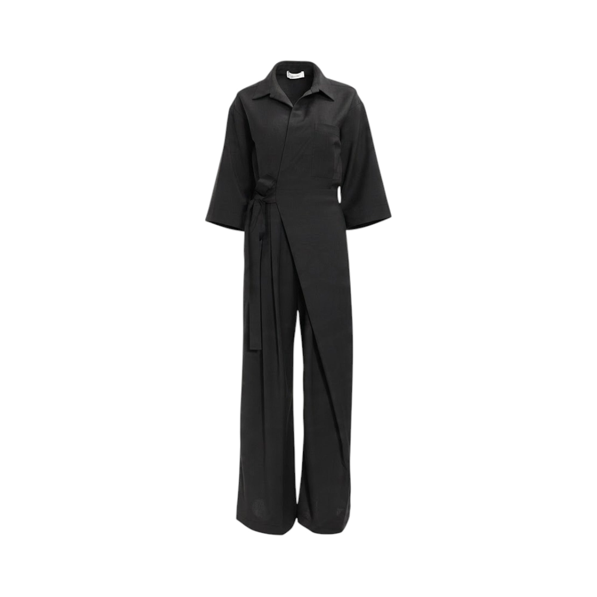Black collared wrap jumpsuit with three-quarter sleeves, a tie waist, and wide-leg trousers.