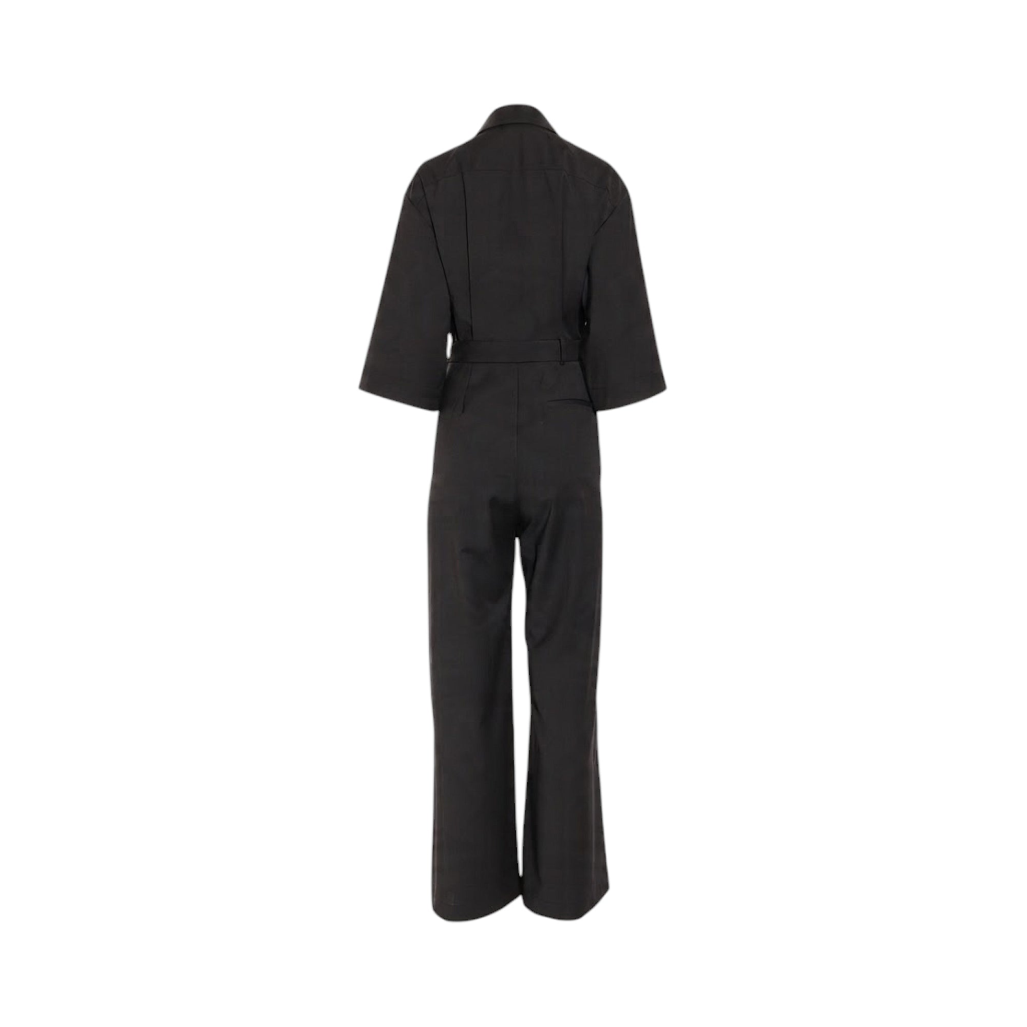Black jumpsuit with a collared neck, short wide sleeves, a waist belt, and wide-leg pants.